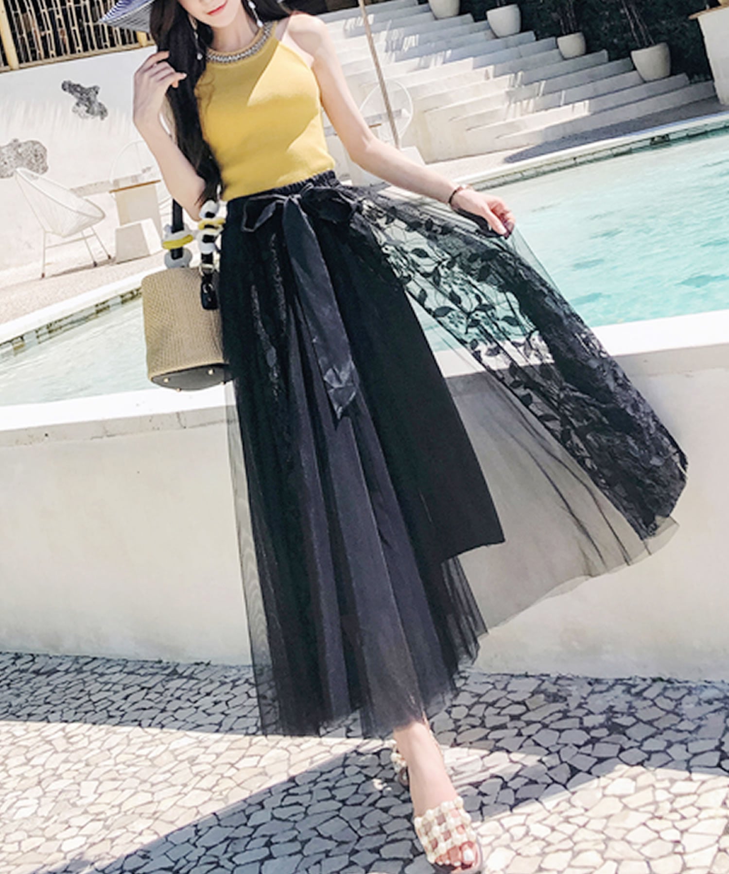 Primazel Mixed material lace tulle skirt with ribbon