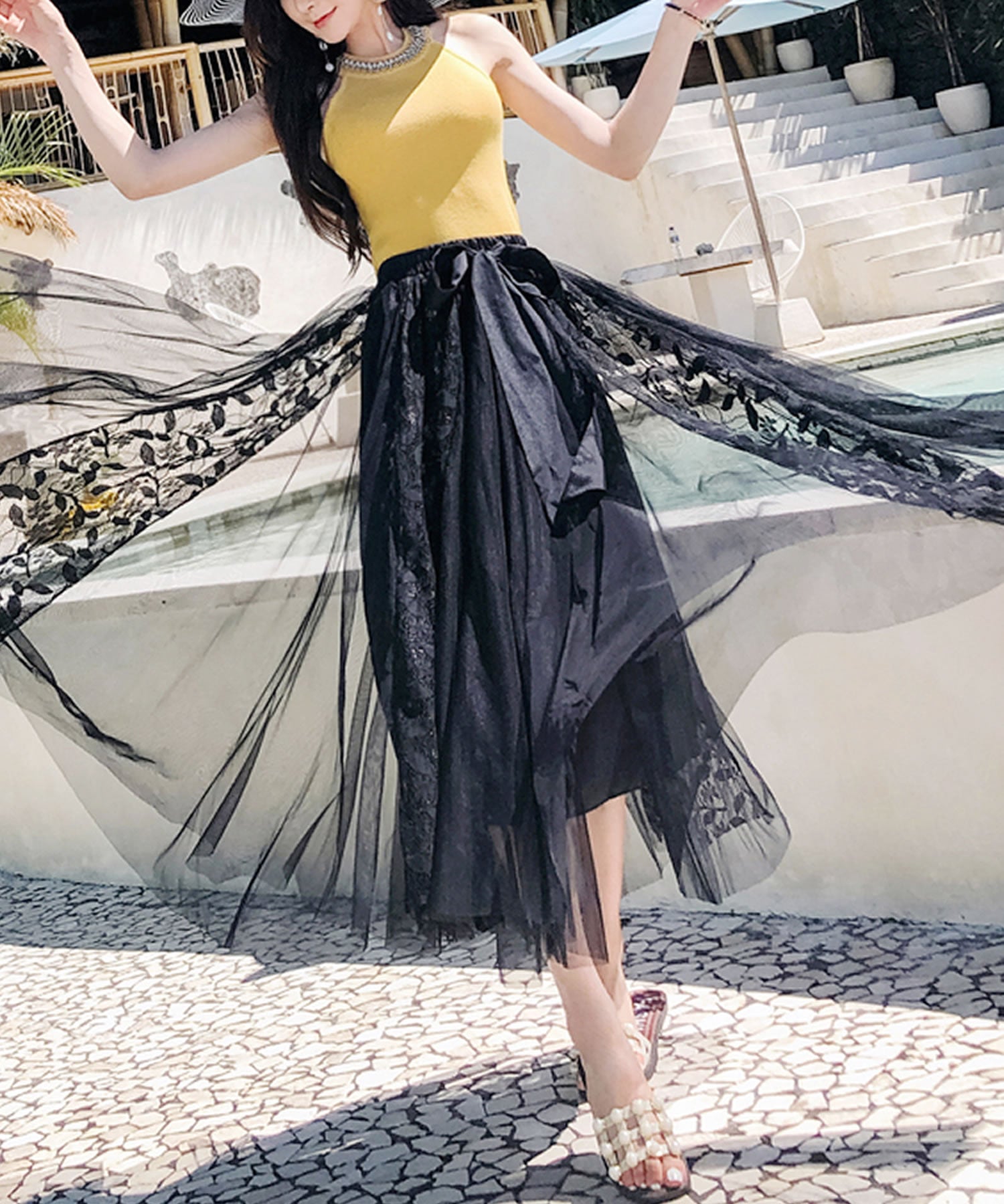 Primazel Mixed material lace tulle skirt with ribbon