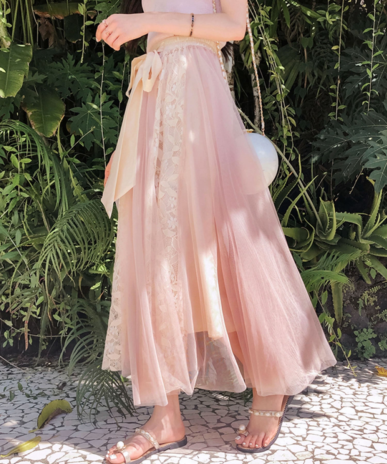 Primazel Mixed material lace tulle skirt with ribbon