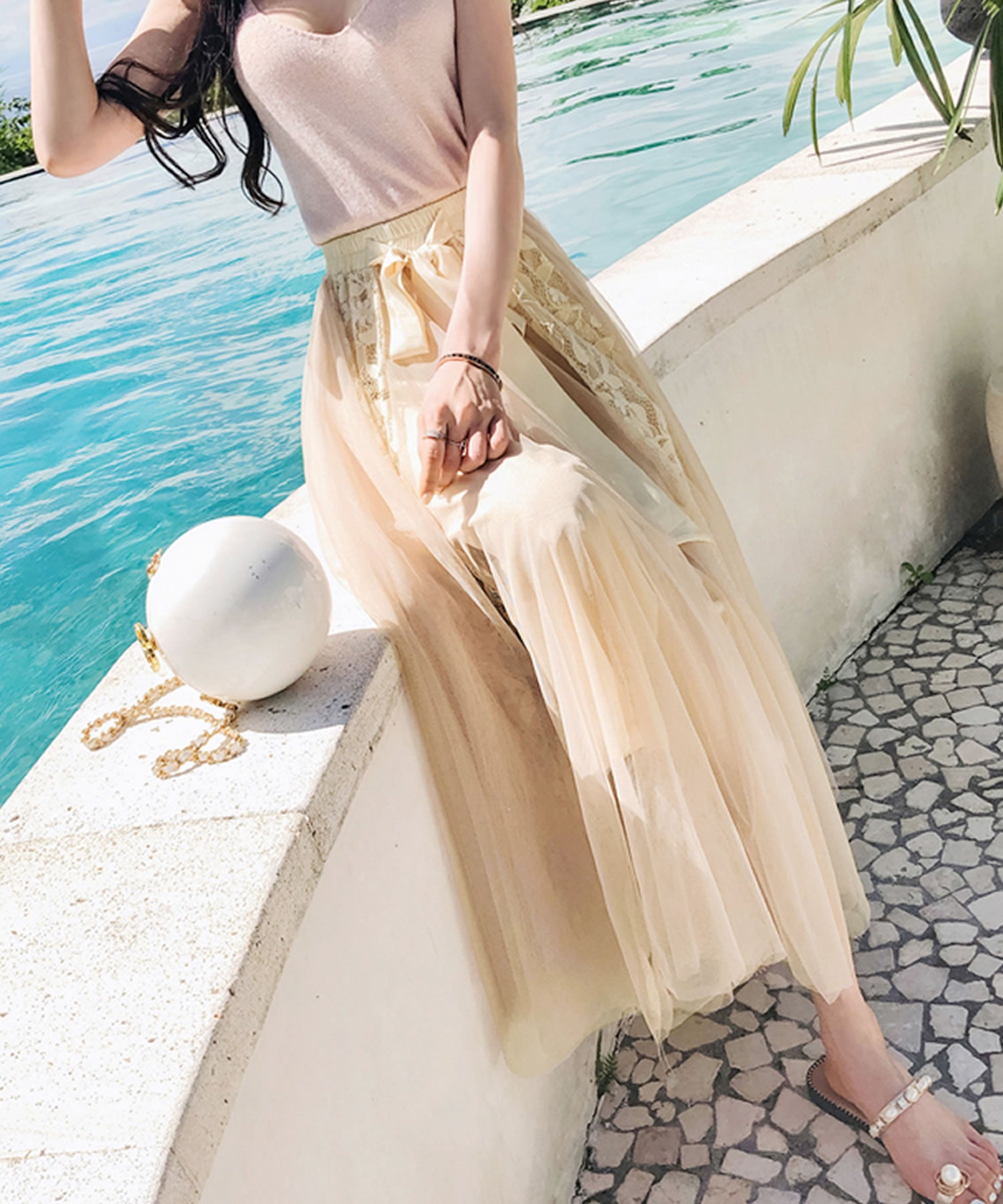 Primazel Mixed material lace tulle skirt with ribbon