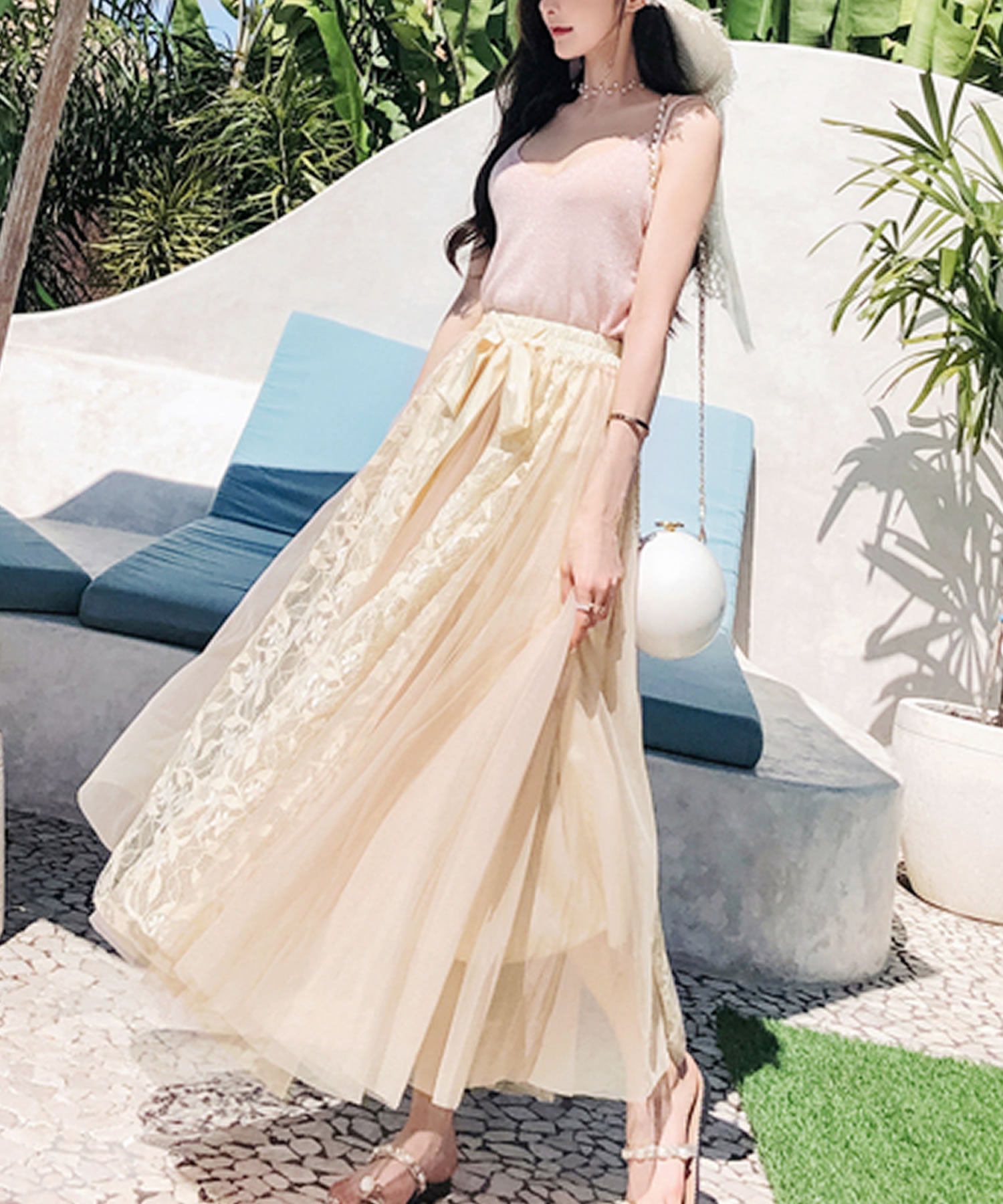 Primazel Mixed material lace tulle skirt with ribbon