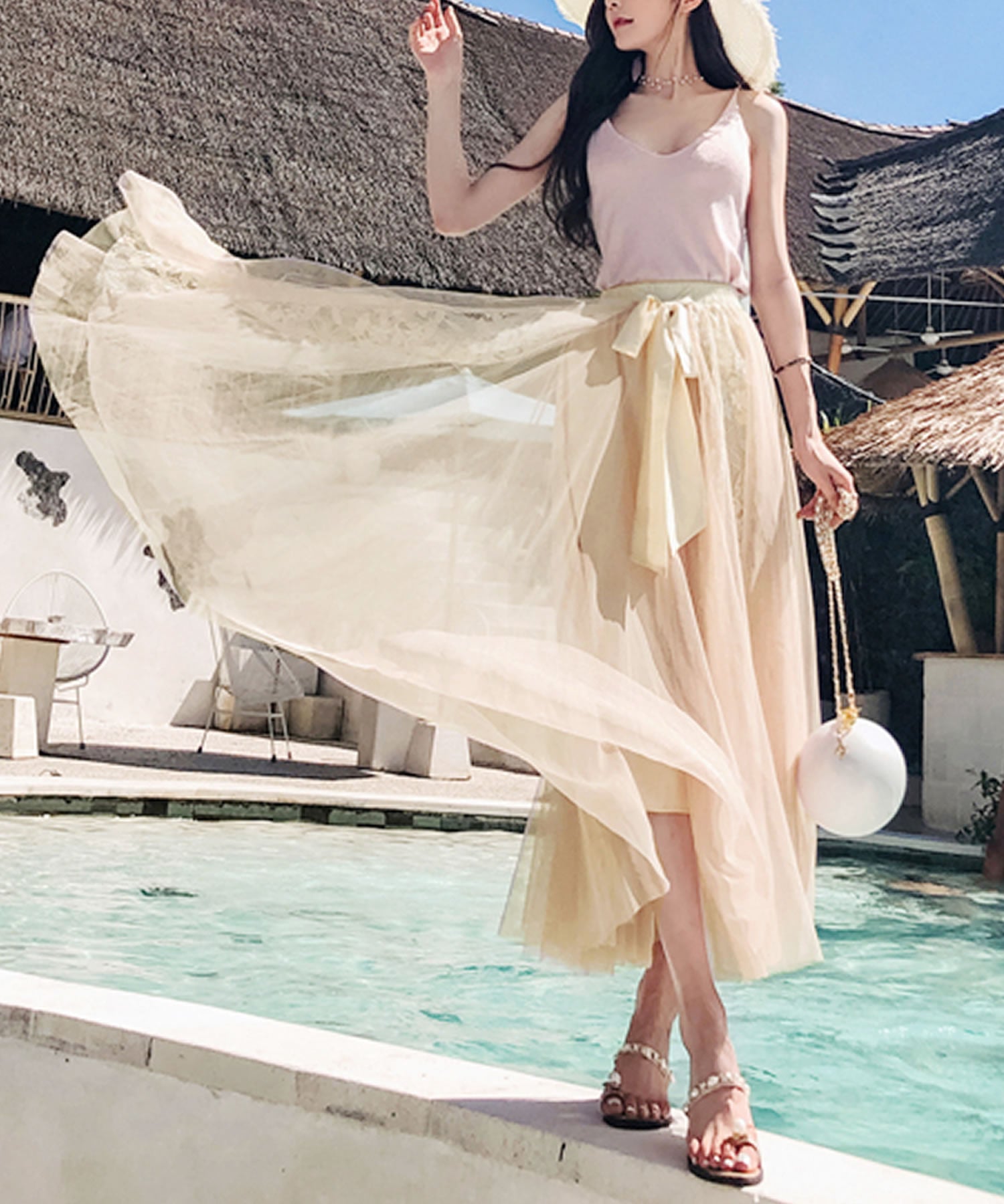 Primazel Mixed material lace tulle skirt with ribbon