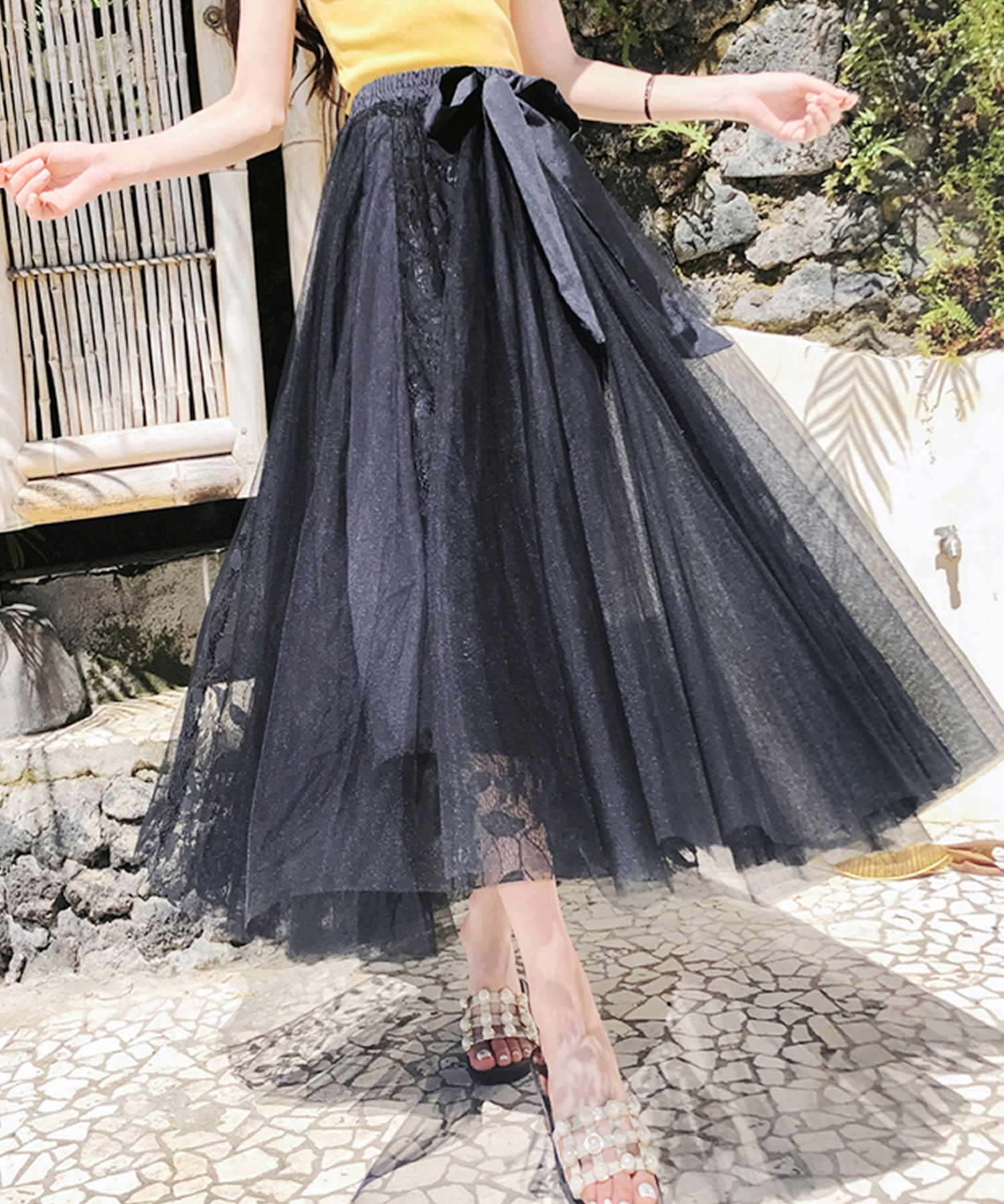 Primazel Mixed material lace tulle skirt with ribbon
