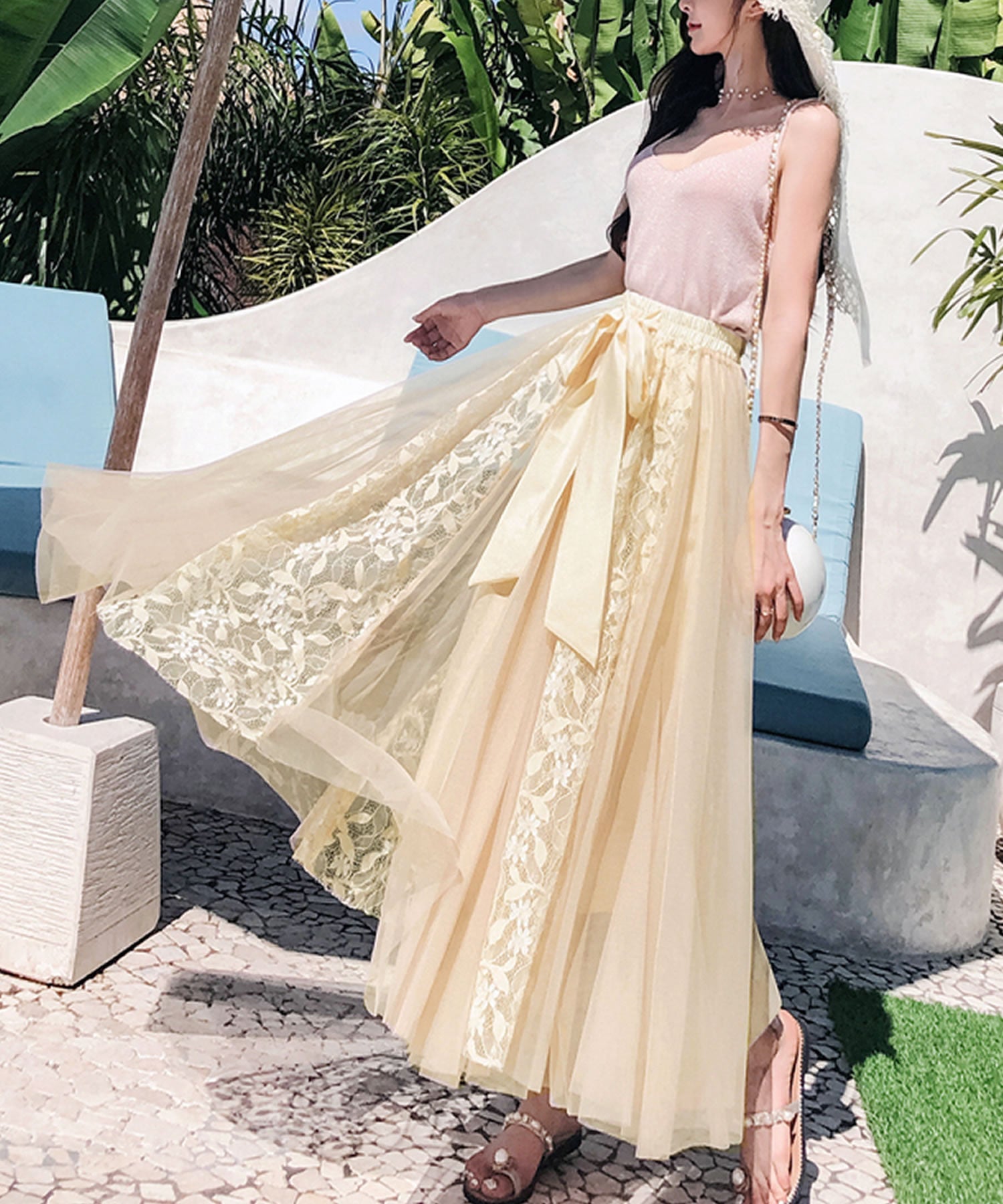 Primazel Mixed material lace tulle skirt with ribbon