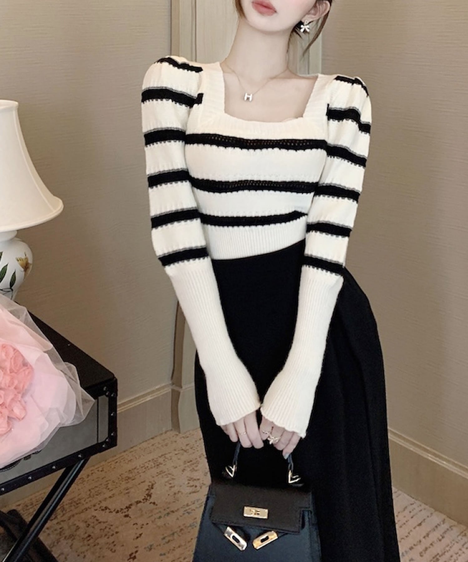 Primazel Autumn/Winter Collection: Square Neck Striped Knit Top in 2 Colors