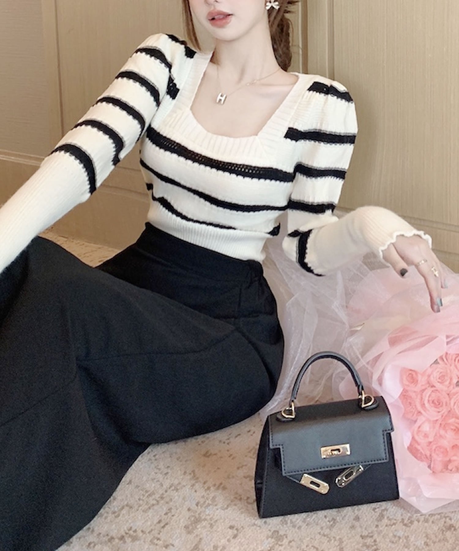 Primazel Autumn/Winter Collection: Square Neck Striped Knit Top in 2 Colors