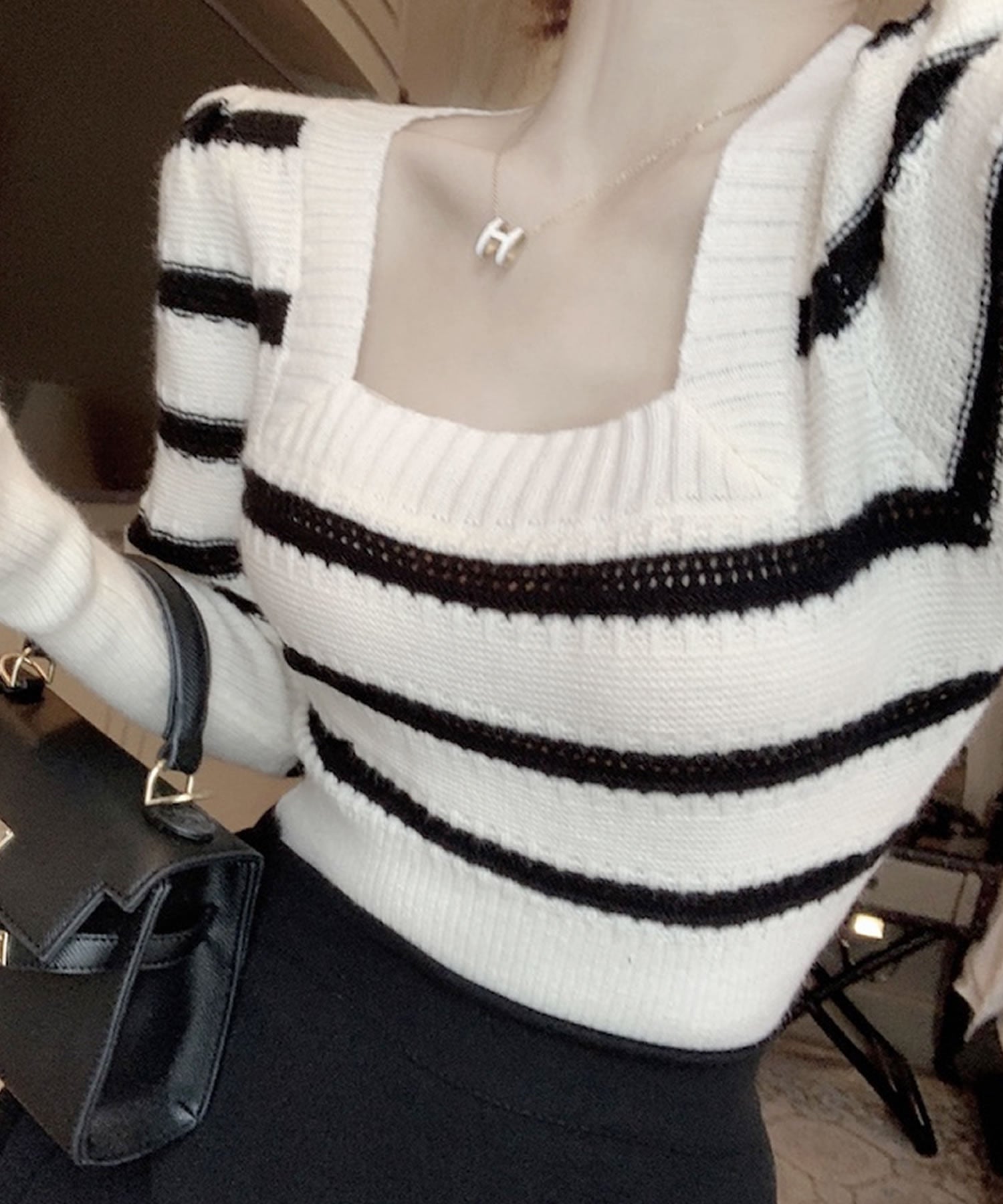 Primazel Autumn/Winter Collection: Square Neck Striped Knit Top in 2 Colors