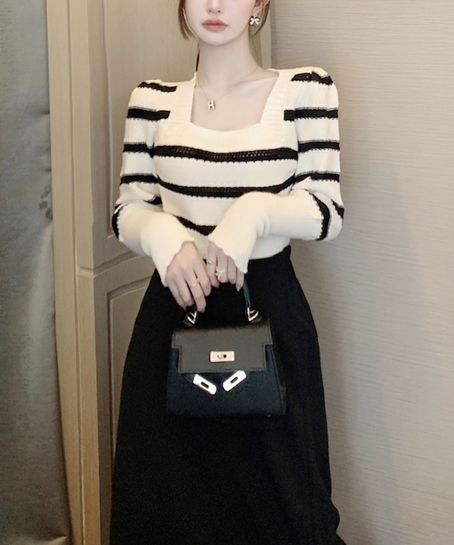 Primazel Autumn/Winter Collection: Square Neck Striped Knit Top in 2 Colors