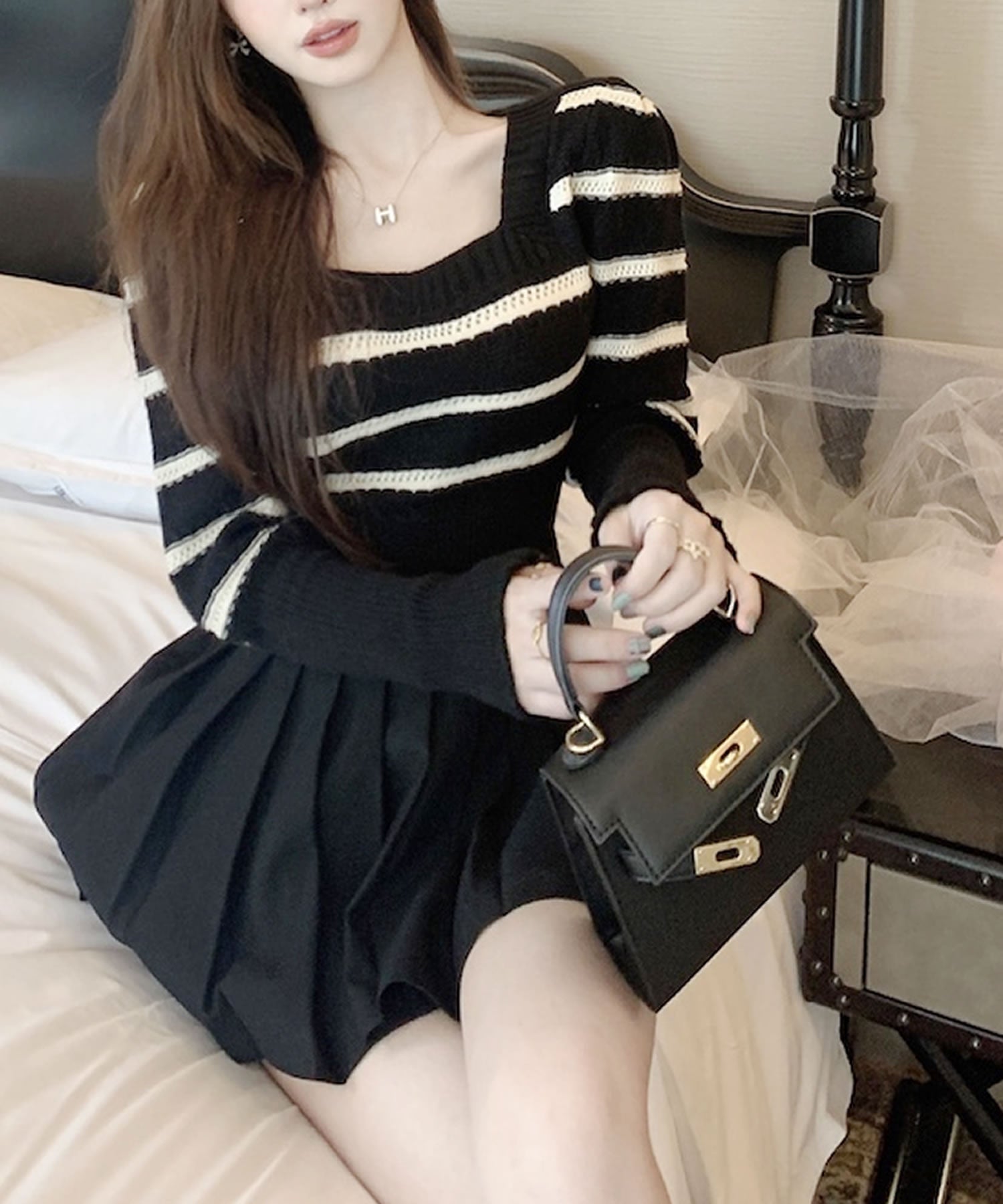 Primazel Autumn/Winter Collection: Square Neck Striped Knit Top in 2 Colors