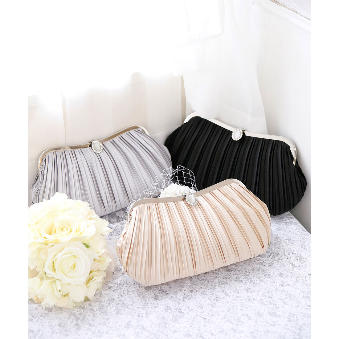 PourVous Stone Button Pleated Satin Clutch Bag/Wedding and Party Bag