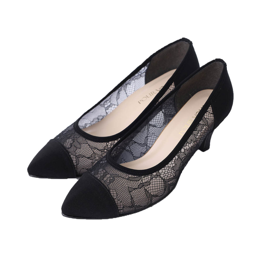 プールヴー PourVous ポインテッドトゥレースパンプス