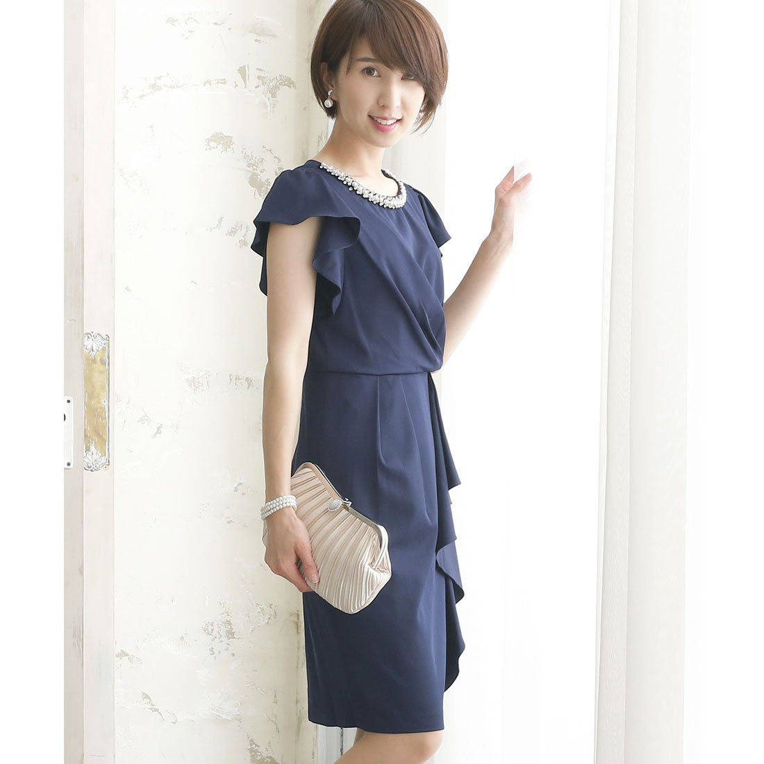 プールヴー PourVous ミニ丈&袖ありフォーマルアシンメトリー大きいサイズ結婚式ワンピースドレス パーティードレス 20代 30代 40代,ネイビー