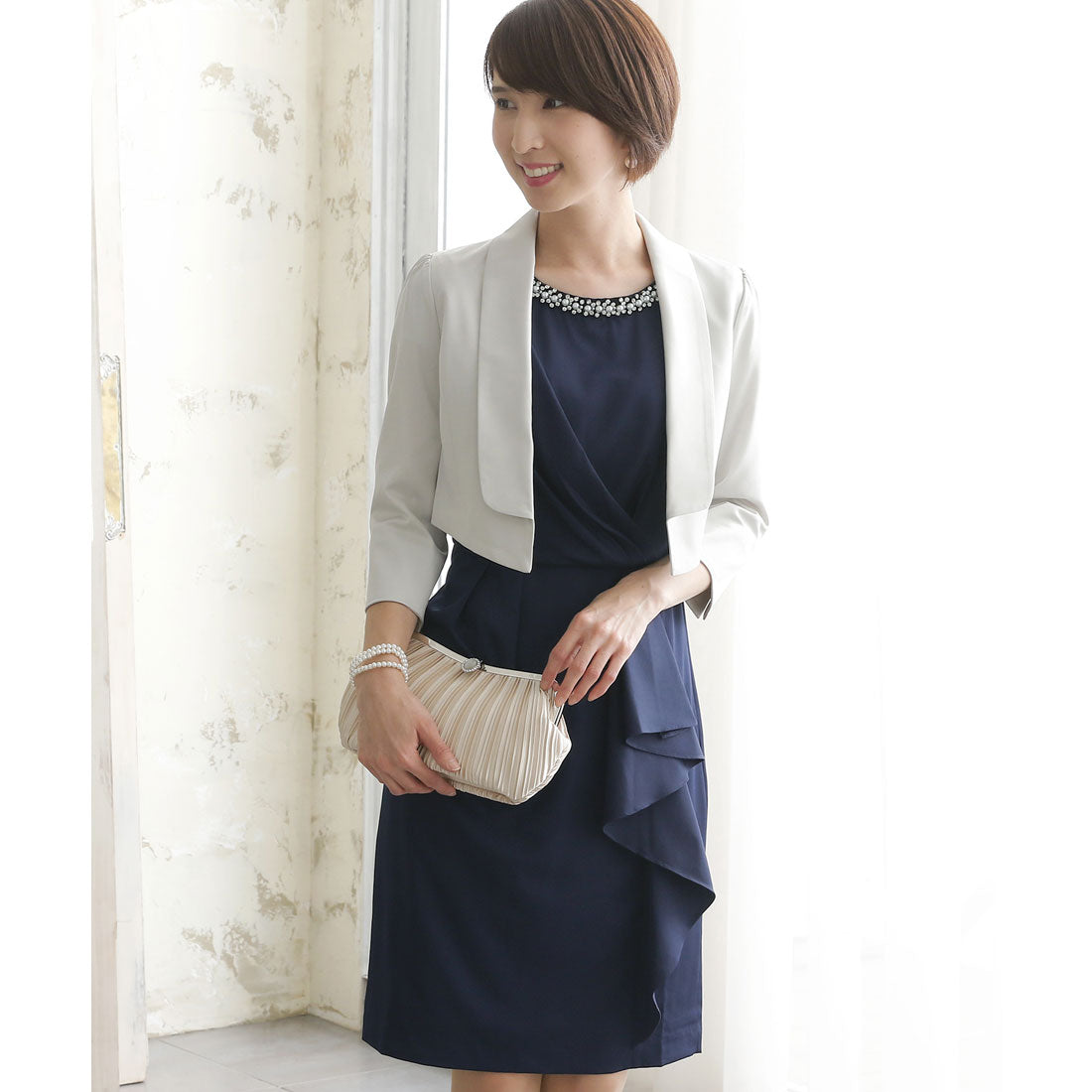 プールヴー PourVous ミニ丈&袖ありフォーマルアシンメトリー大きいサイズ結婚式ワンピースドレス パーティードレス 20代 30代 40代