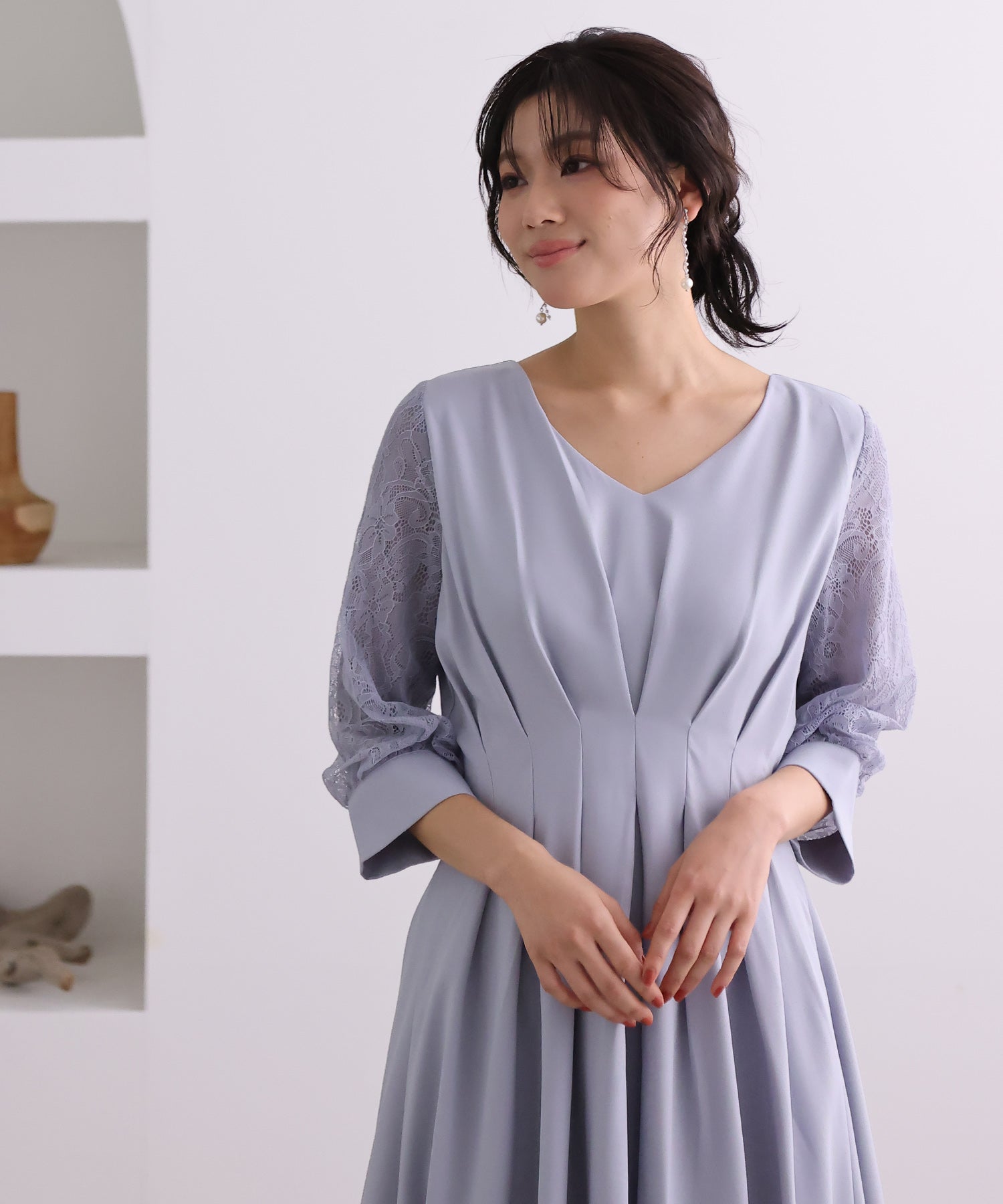 プールヴー PourVous 結婚式ワンピースドレス袖ありとロングタックデザイン大きいサイズフォーマル パーティードレス 20代 30代 40代,アイスグレー