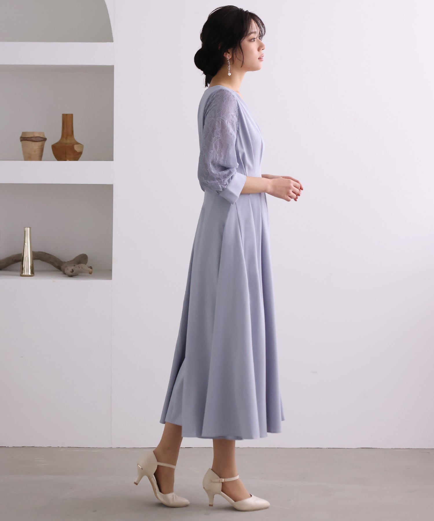 プールヴー PourVous 結婚式ワンピースドレス袖ありとロングタックデザイン大きいサイズフォーマル パーティードレス 20代 30代 40代
