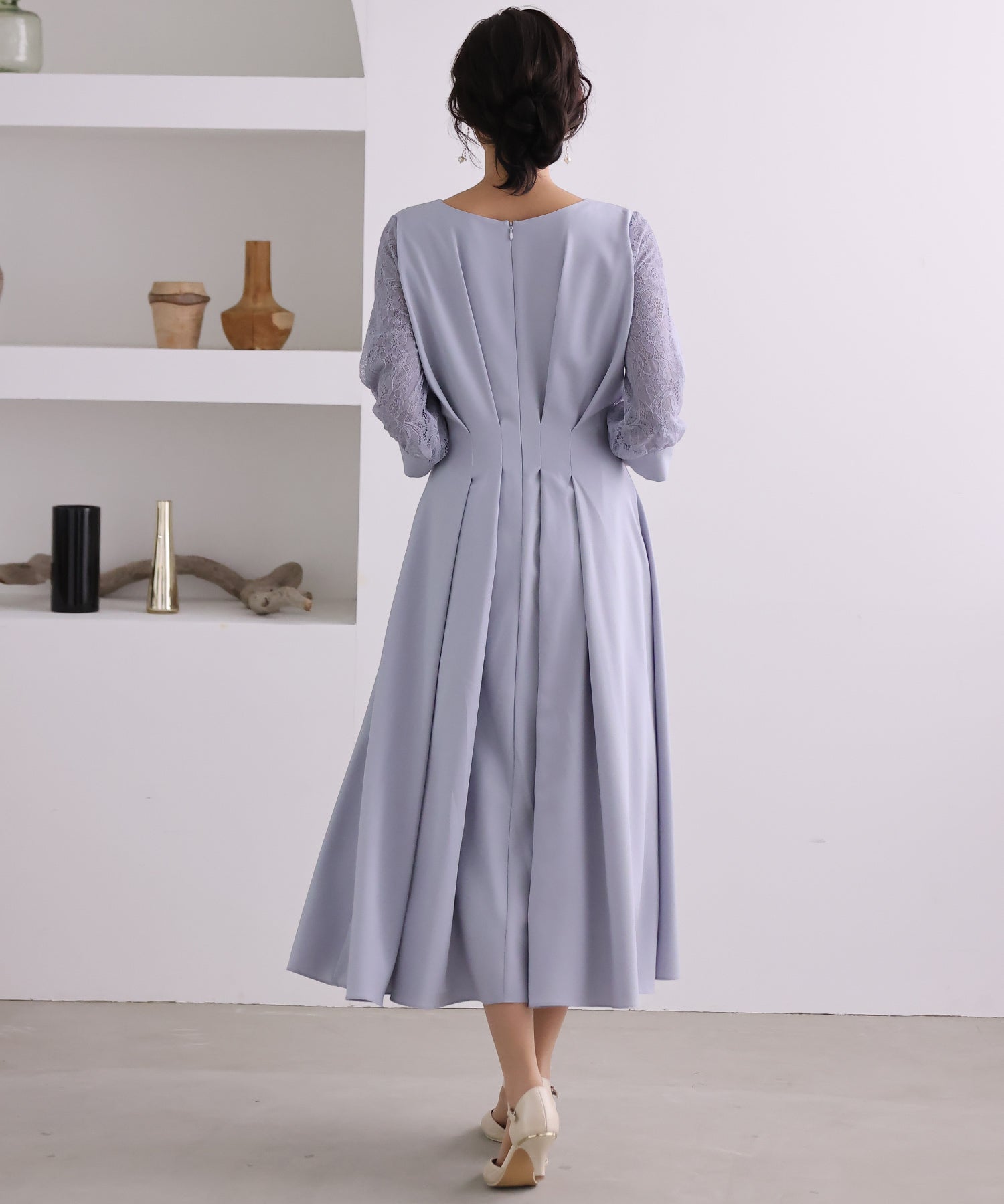プールヴー PourVous 結婚式ワンピースドレス袖ありとロングタックデザイン大きいサイズフォーマル パーティードレス 20代 30代 40代