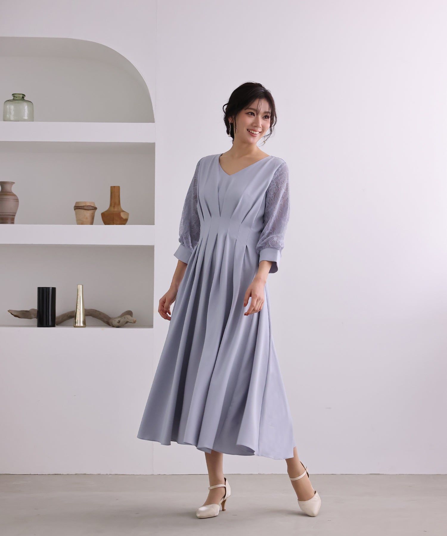 プールヴー PourVous 結婚式ワンピースドレス袖ありとロングタックデザイン大きいサイズフォーマル パーティードレス 20代 30代 40代