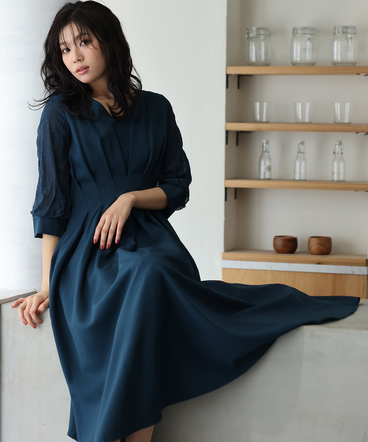 プールヴー PourVous 結婚式ワンピースドレス袖ありとロングタックデザイン大きいサイズフォーマル パーティードレス 20代 30代 40代