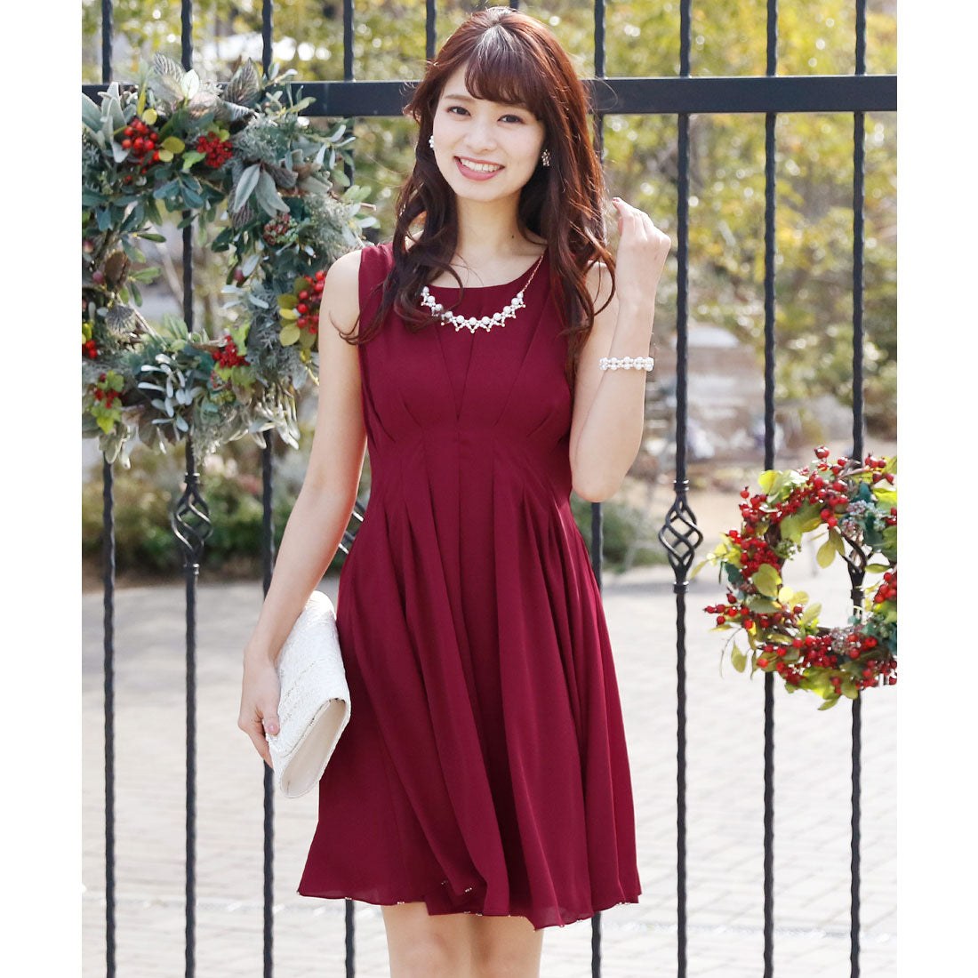 プールヴー PourVous ノースリーブ&ミニ丈ワンピースドレスタックシフォン大きいサイズ結婚式フォーマル ワンピース パーティードレス 20代 30代 40代,ボルドー