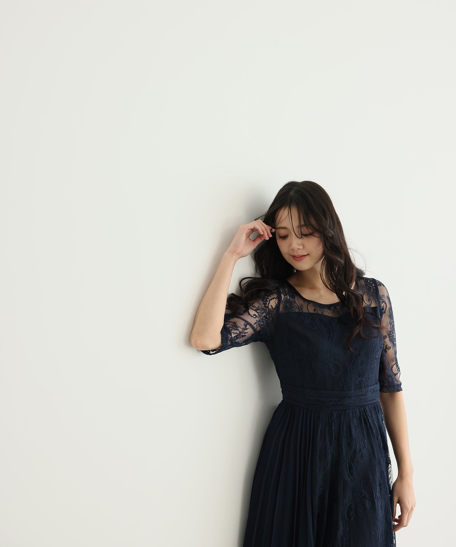 プールヴー PourVous 結婚式ワンピースドレスラップスカートミモレ丈&七分袖大きいサイズフォーマル パーティードレス 20代 30代 40代