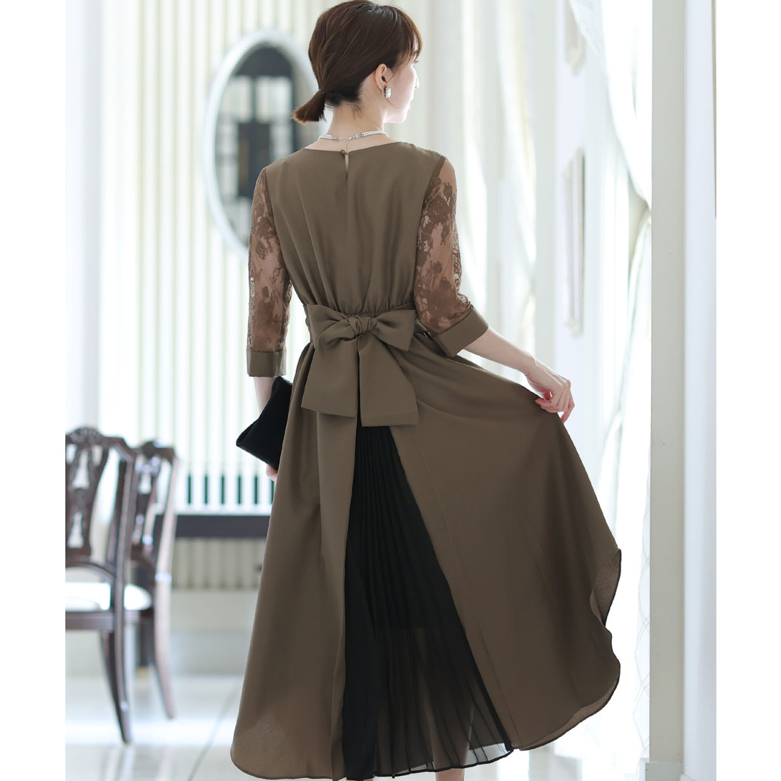 PourVous Dress, Mid-length, 3/4 Sleeve, High Waist, Large Size, Formal Dress, 20s, 30s, 40s