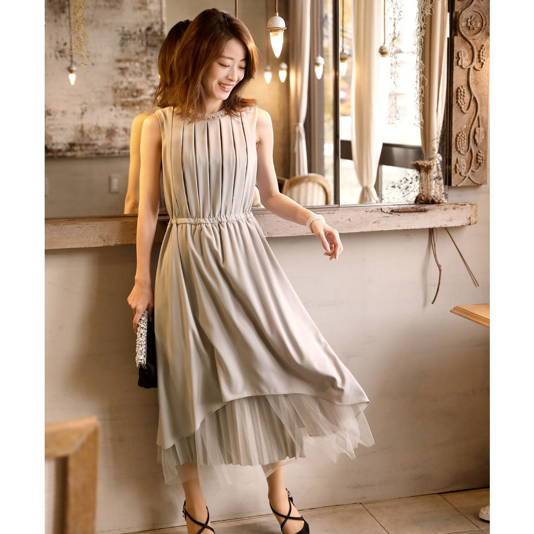 プールヴー PourVous チュールフィッシュテールワンピースドレス大きいサイズミモレ丈&ノースリーブ結婚式フォーマル ワンピース パーティードレス 20代 30代 40代