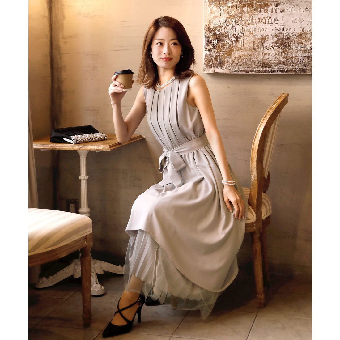プールヴー PourVous チュールフィッシュテールワンピースドレス大きいサイズミモレ丈&ノースリーブ結婚式フォーマル ワンピース パーティードレス 20代 30代 40代