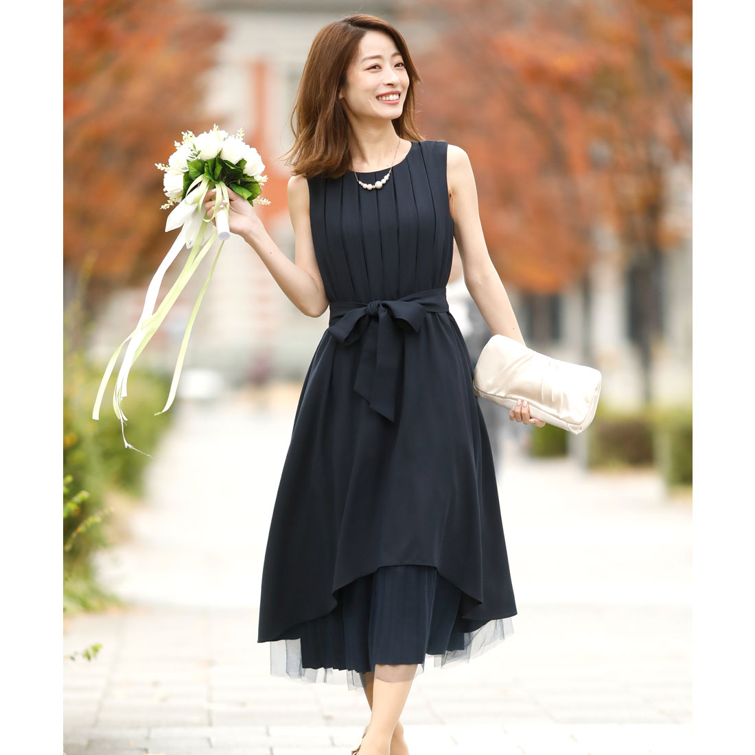 プールヴー PourVous チュールフィッシュテールワンピースドレス大きいサイズミモレ丈&ノースリーブ結婚式フォーマル ワンピース パーティードレス 20代 30代 40代,ネイビー