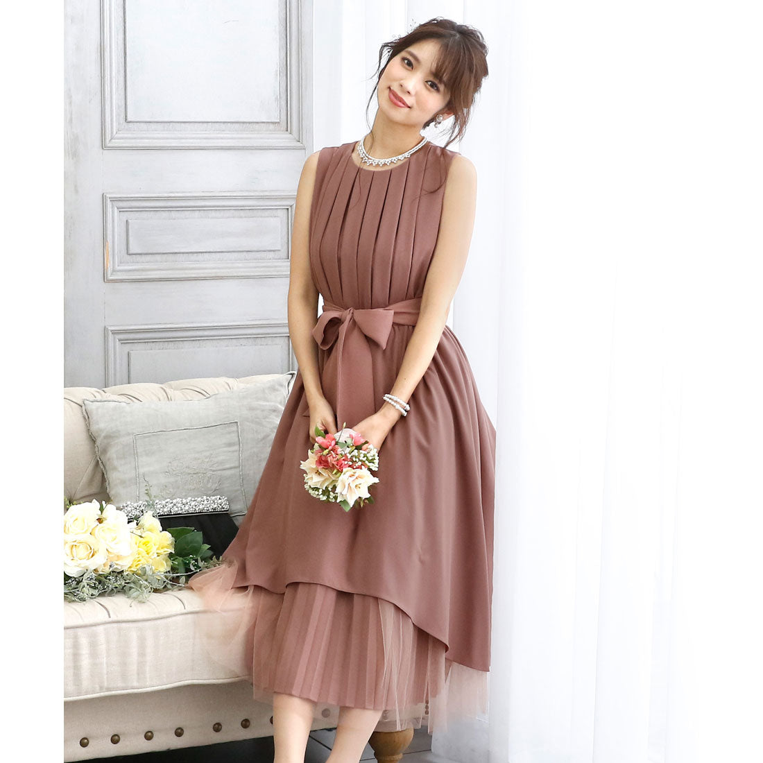 プールヴー PourVous チュールフィッシュテールワンピースドレス大きいサイズミモレ丈&ノースリーブ結婚式フォーマル ワンピース パーティードレス 20代 30代 40代,モーヴ