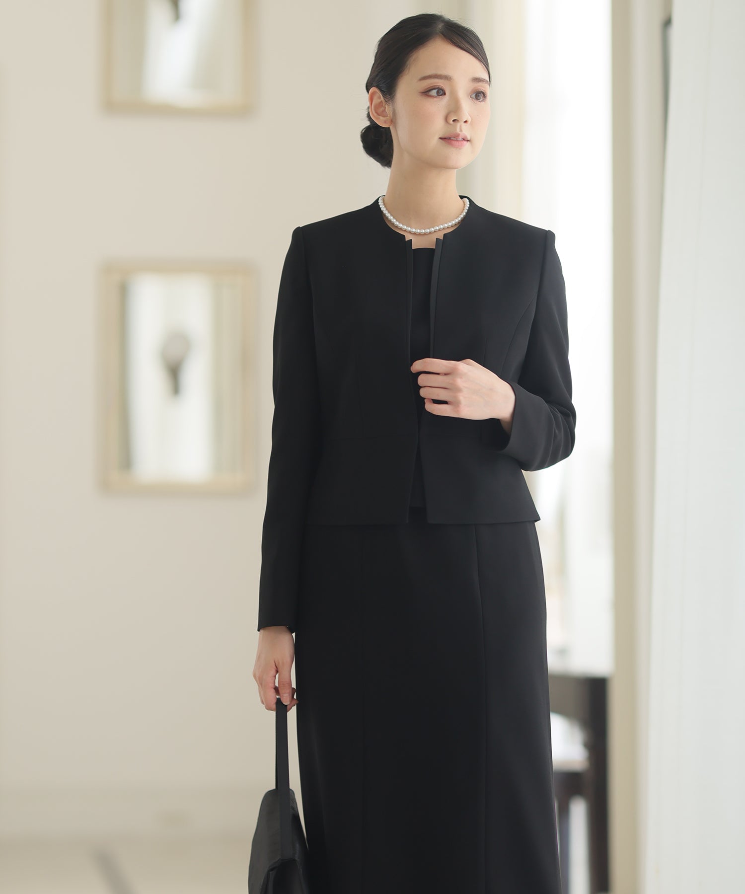 プールヴー PourVous 前ファスナーワンピースフォーマル喪服＆卒業式ジャケットVラインセレモニースーツ フォーマル ワンピース パーティードレス 20代 30代 40代,ブラック