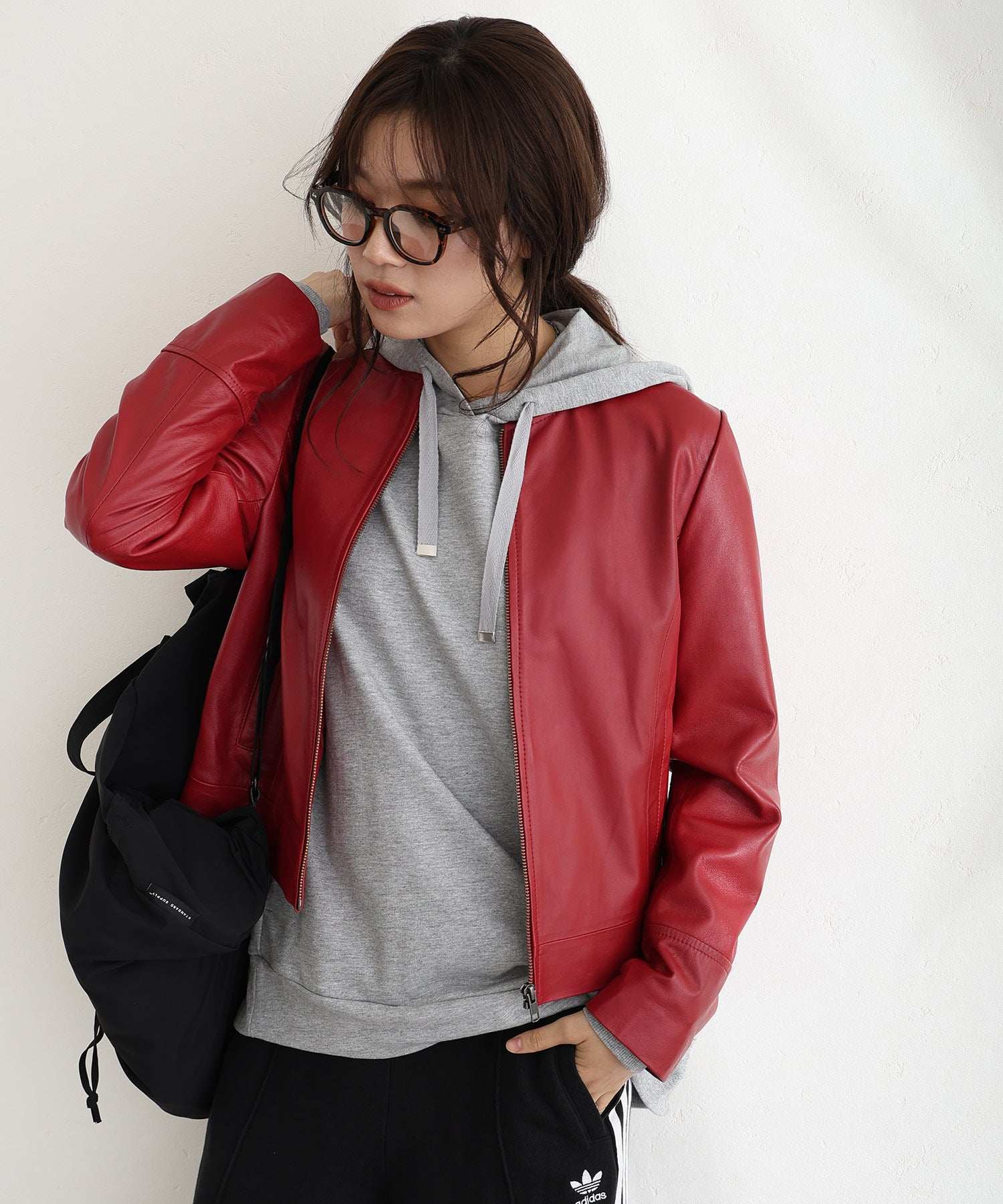 プールヴー PourVous ラムレザージャケット フォーマル ワンピース パーティードレス 20代 30代 40代,レッド