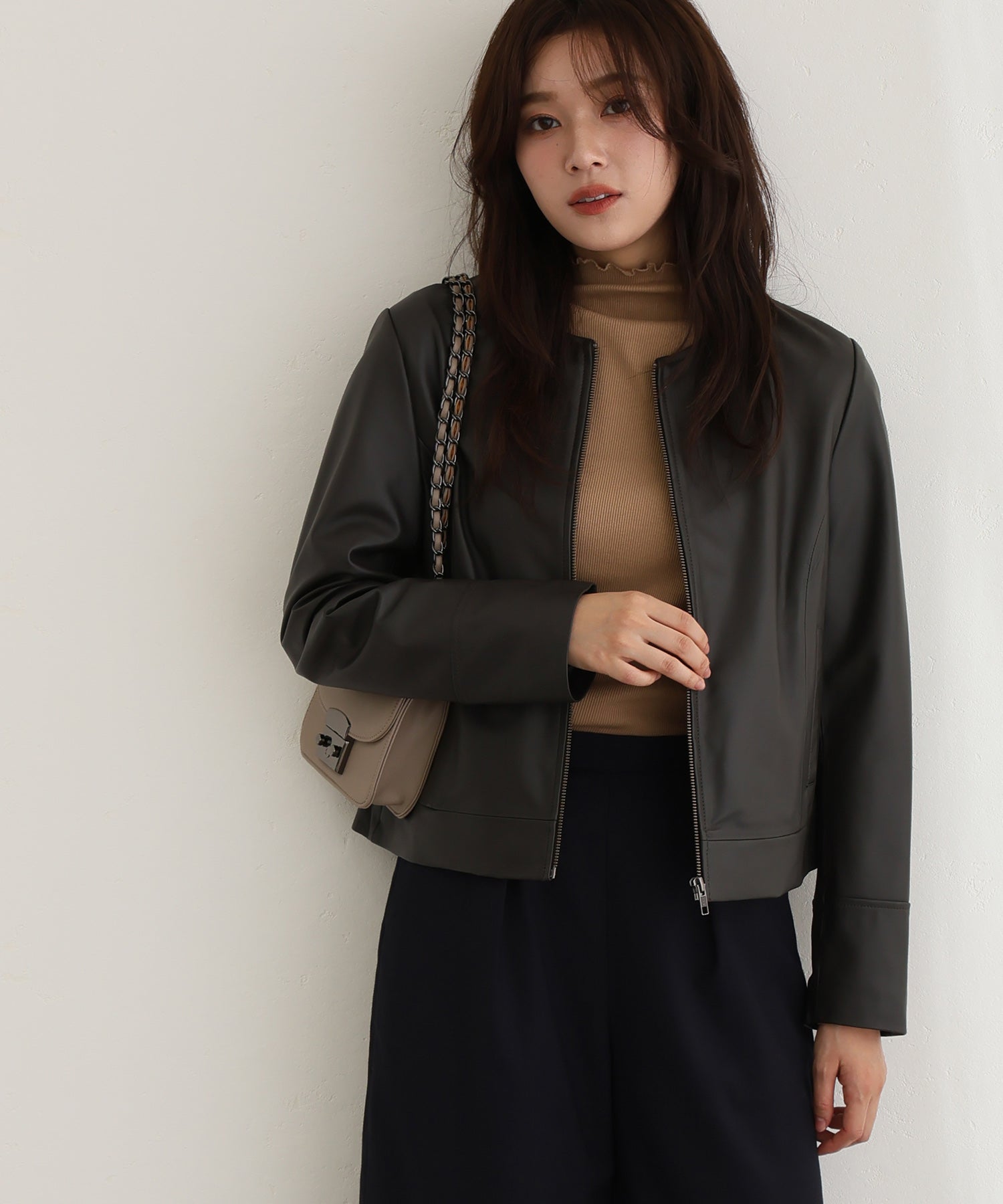 プールヴー PourVous ラムレザージャケット フォーマル ワンピース パーティードレス 20代 30代 40代,ブラウン