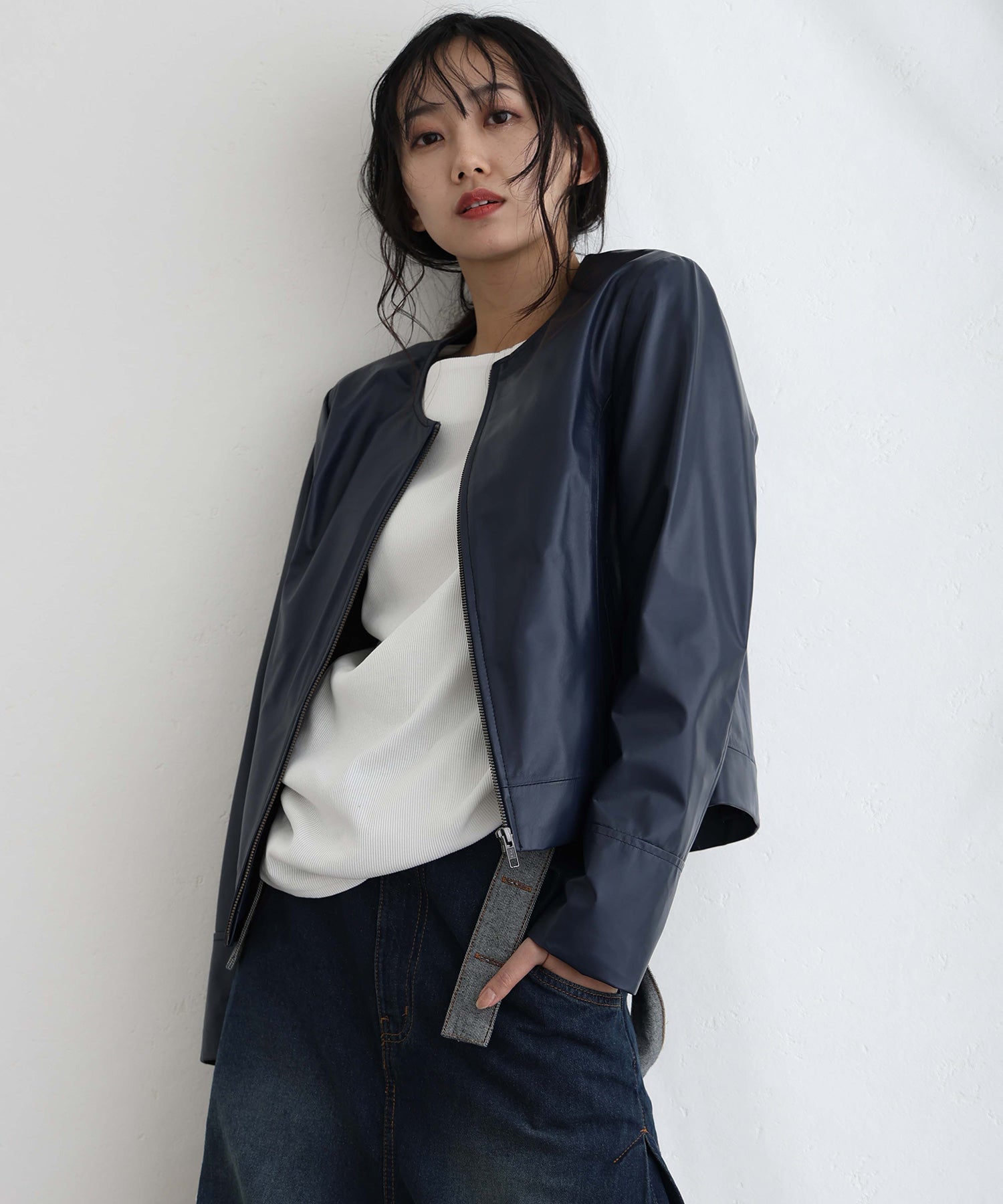 プールヴー PourVous ラムレザージャケット フォーマル ワンピース パーティードレス 20代 30代 40代,ネイビー