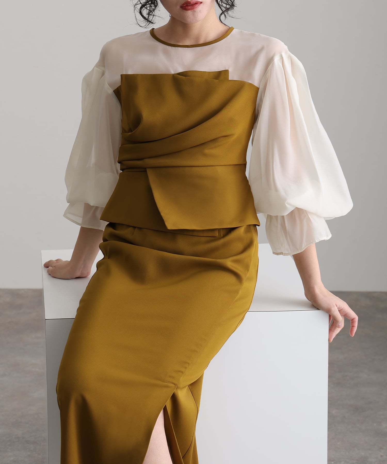 プールヴー PourVous 袖あり&ミモレ丈同窓会ドレープビスチェお呼ばれ結婚式フォーマルオケージョンドレスパーティードレス フォーマル ワンピース パーティードレス 20代 30代 40代 （オリーブ） オリーブ