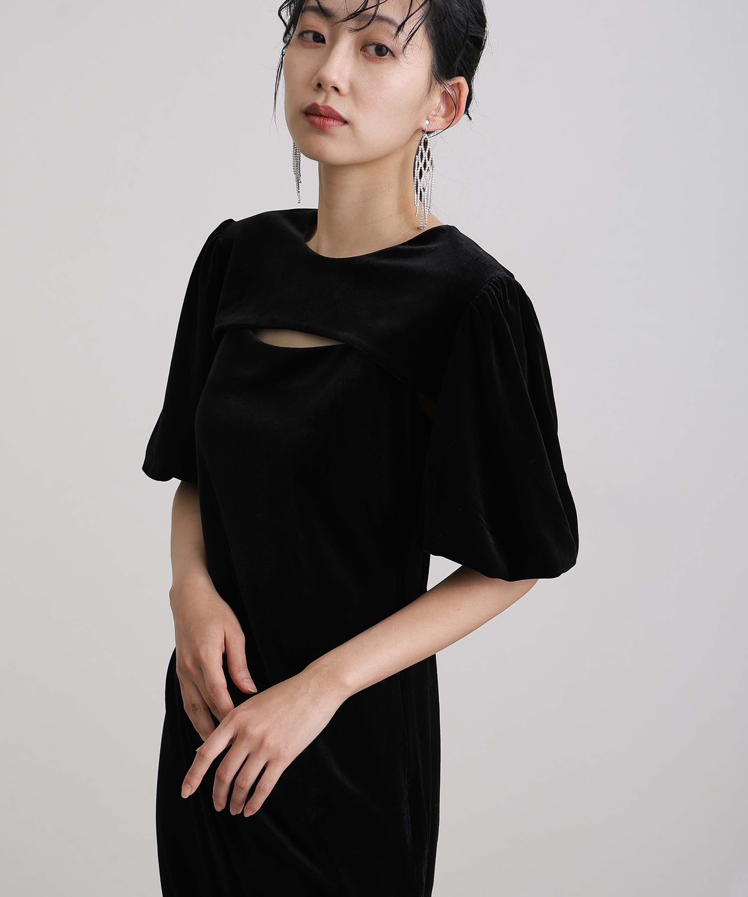 プールヴー PourVous ミモレ丈&七分袖フォーマルベロアセレモニー結婚式パーティードレスオケージョンドレス同窓会 フォーマル ワンピース パーティードレス 20代 30代 40代 （ブラック） ブラック