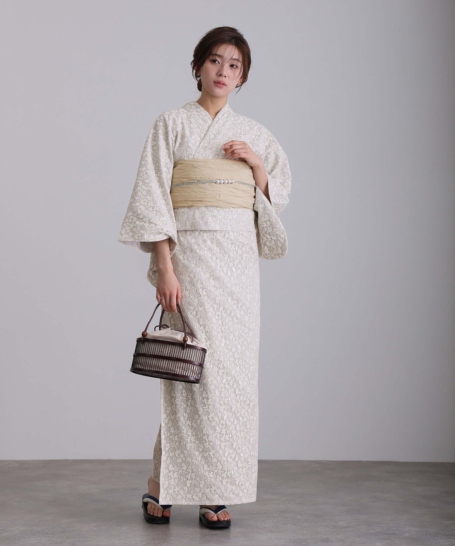 プールヴー PourVous セパレート 二部式 一人で着られる  大人浴衣3点セット オリジナルデザイン 綿 兵児帯 女性 黒 選べる シック レトロ レース 花柄 ウエストゴム フォーマル ワンピース パーティードレス （オフホワイト） オフホワイト