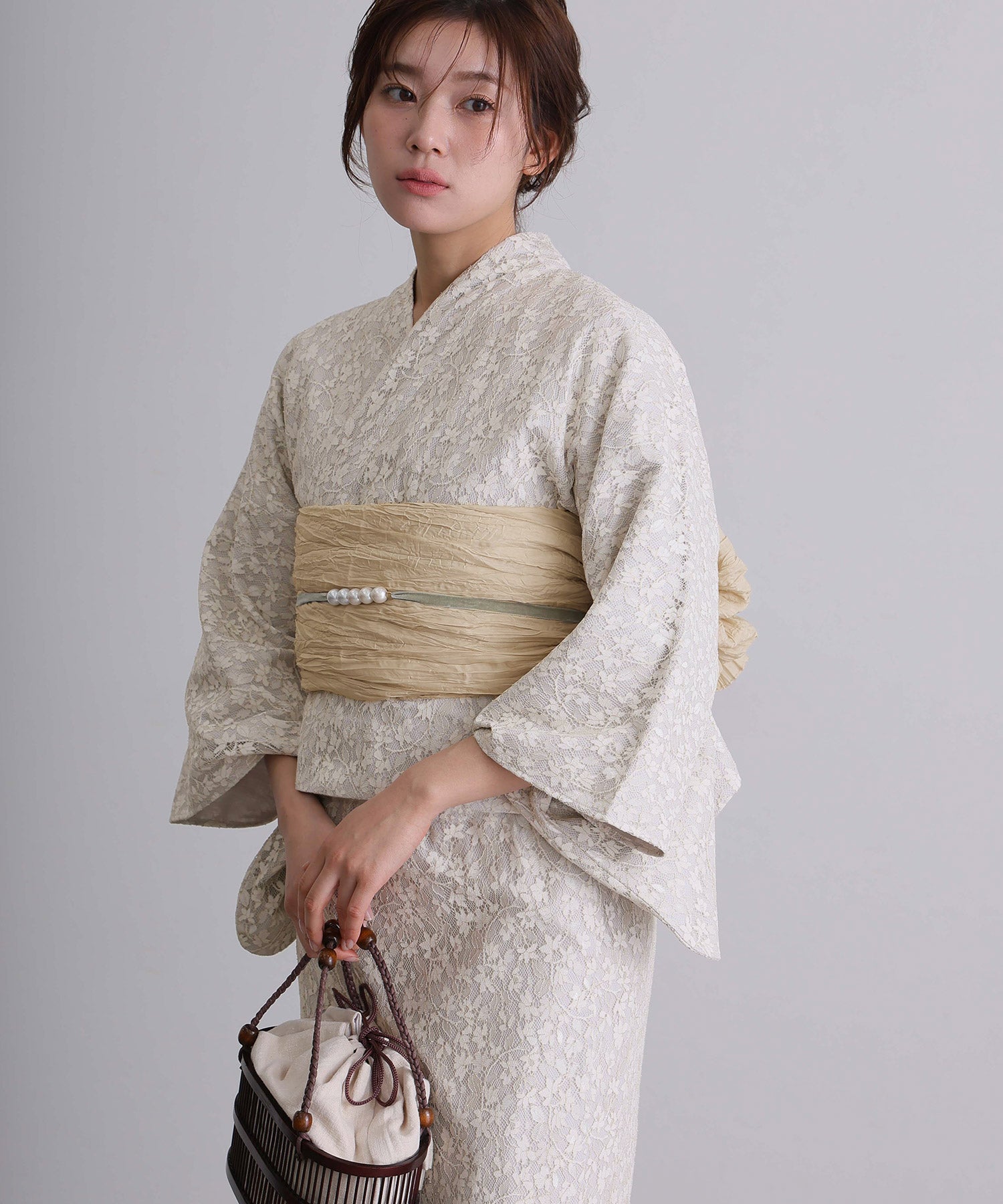 プールヴー PourVous セパレート 二部式 一人で着られる  大人浴衣3点セット オリジナルデザイン 綿 兵児帯 女性 黒 選べる シック レトロ レース 花柄 ウエストゴム フォーマル ワンピース パーティードレス （オフホワイト） オフホワイト