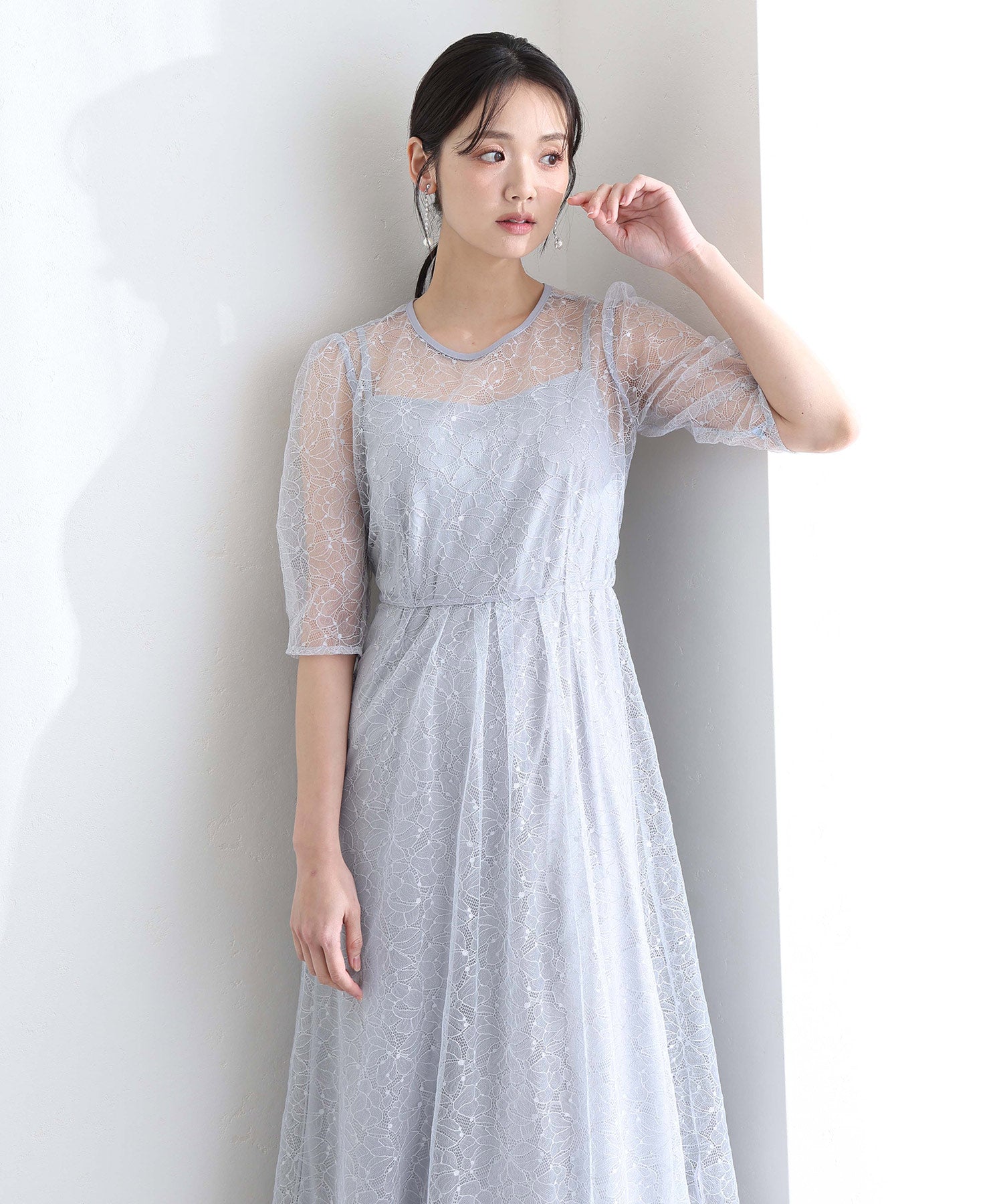 プールヴー PourVous 結婚式二次会パーティードレスラメレースバックダブルリボン2点セットAラインロング&七分袖セレモニーフォーマルオケージョンドレス同窓会成人式 フォーマル ワンピース パーティードレス （ブルーグレー） ブルーグレー