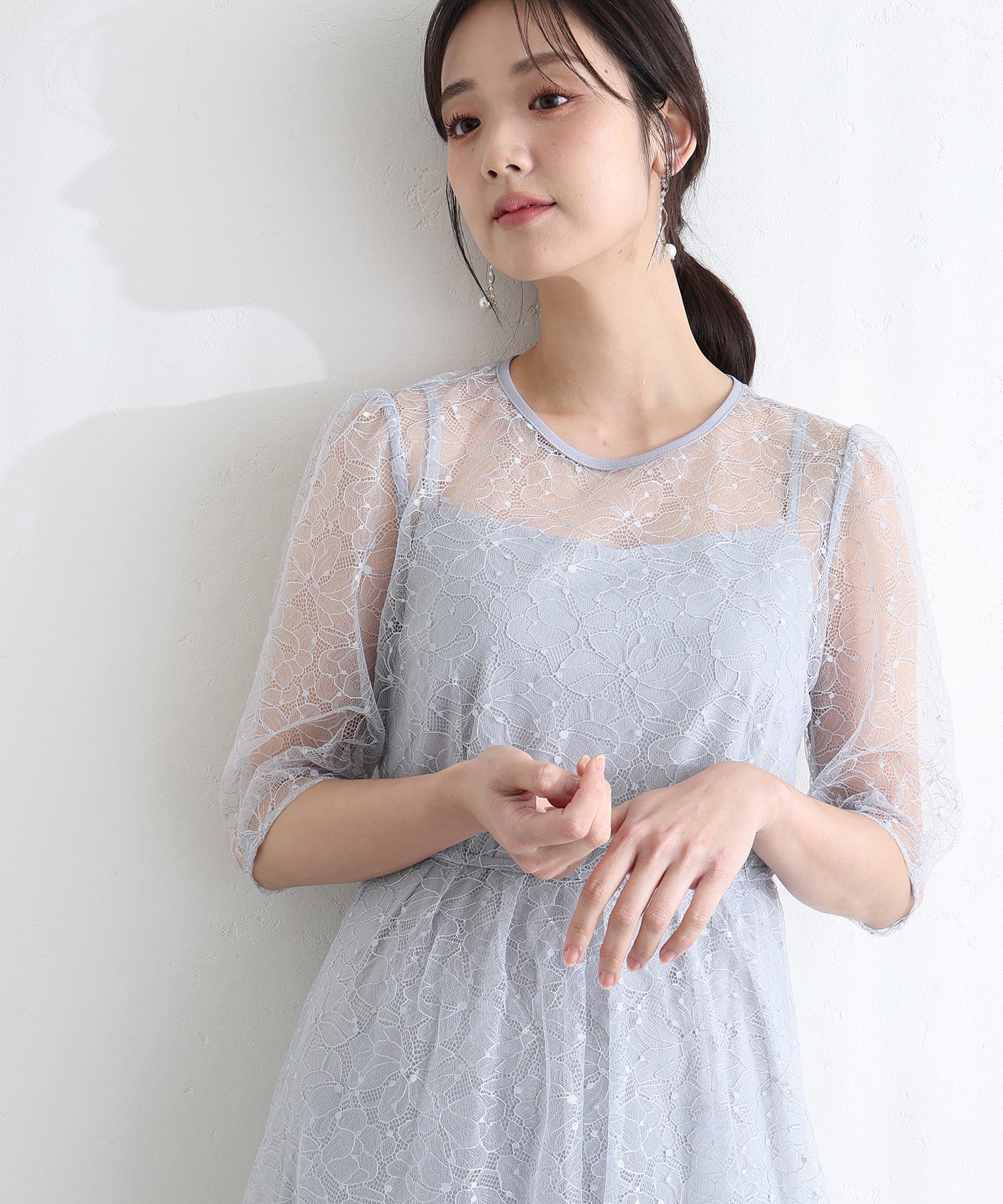 プールヴー PourVous 結婚式二次会パーティードレスラメレースバックダブルリボン2点セットAラインロング&七分袖セレモニーフォーマルオケージョンドレス同窓会成人式 フォーマル ワンピース パーティードレス （ブルーグレー） ブルーグレー