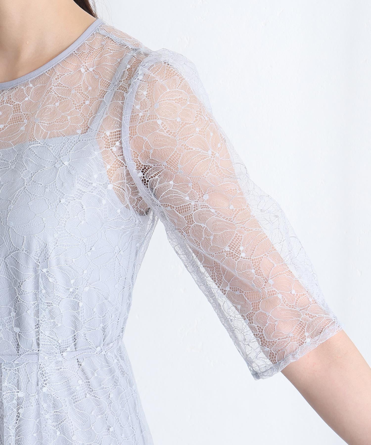 プールヴー PourVous 結婚式二次会パーティードレスラメレースバックダブルリボン2点セットAラインロング&七分袖セレモニーフォーマルオケージョンドレス同窓会成人式 フォーマル ワンピース パーティードレス （ブルーグレー） ブルーグレー