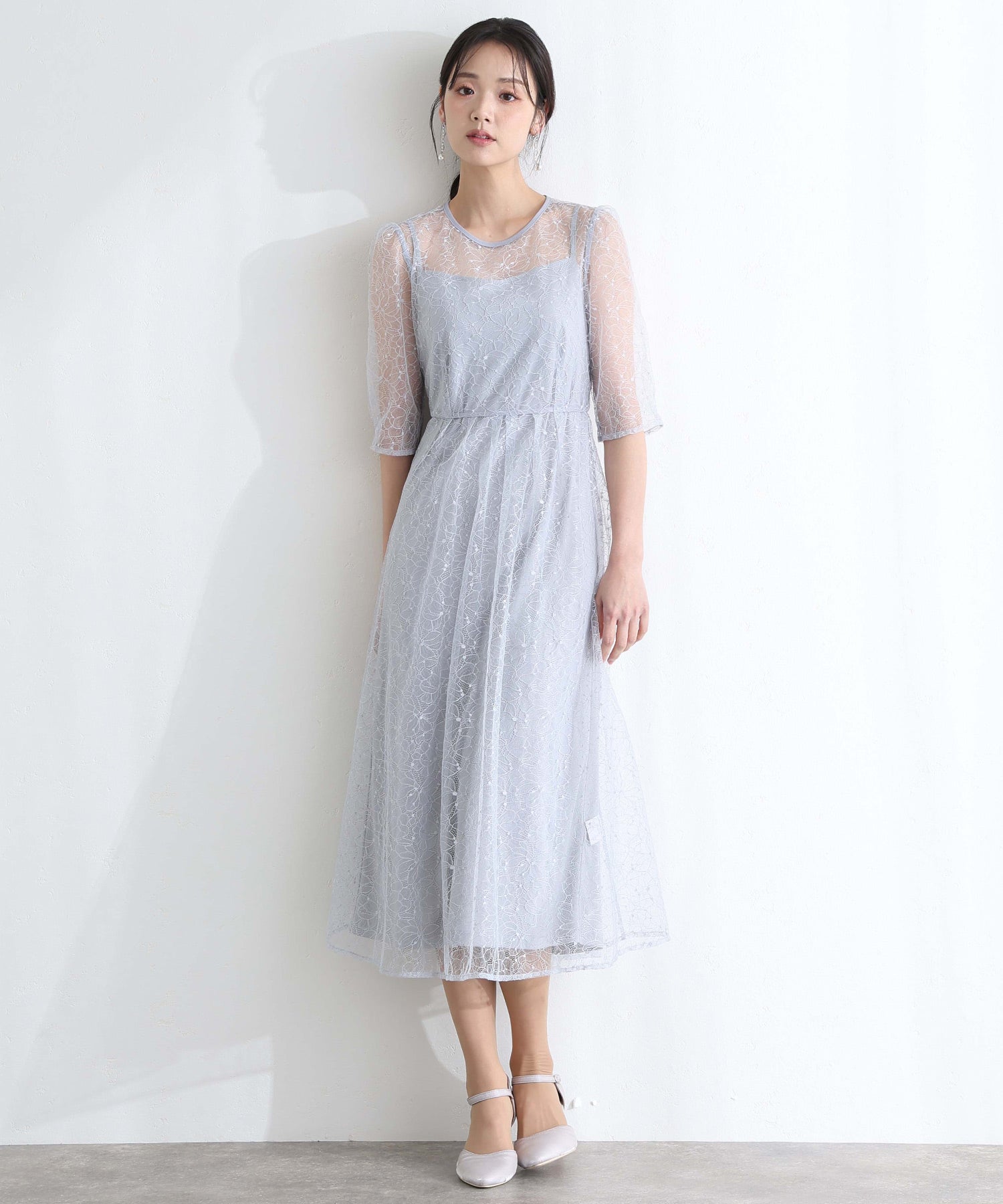 プールヴー PourVous 結婚式二次会パーティードレスラメレースバックダブルリボン2点セットAラインロング&七分袖セレモニーフォーマルオケージョンドレス同窓会成人式 フォーマル ワンピース パーティードレス （ブルーグレー） ブルーグレー