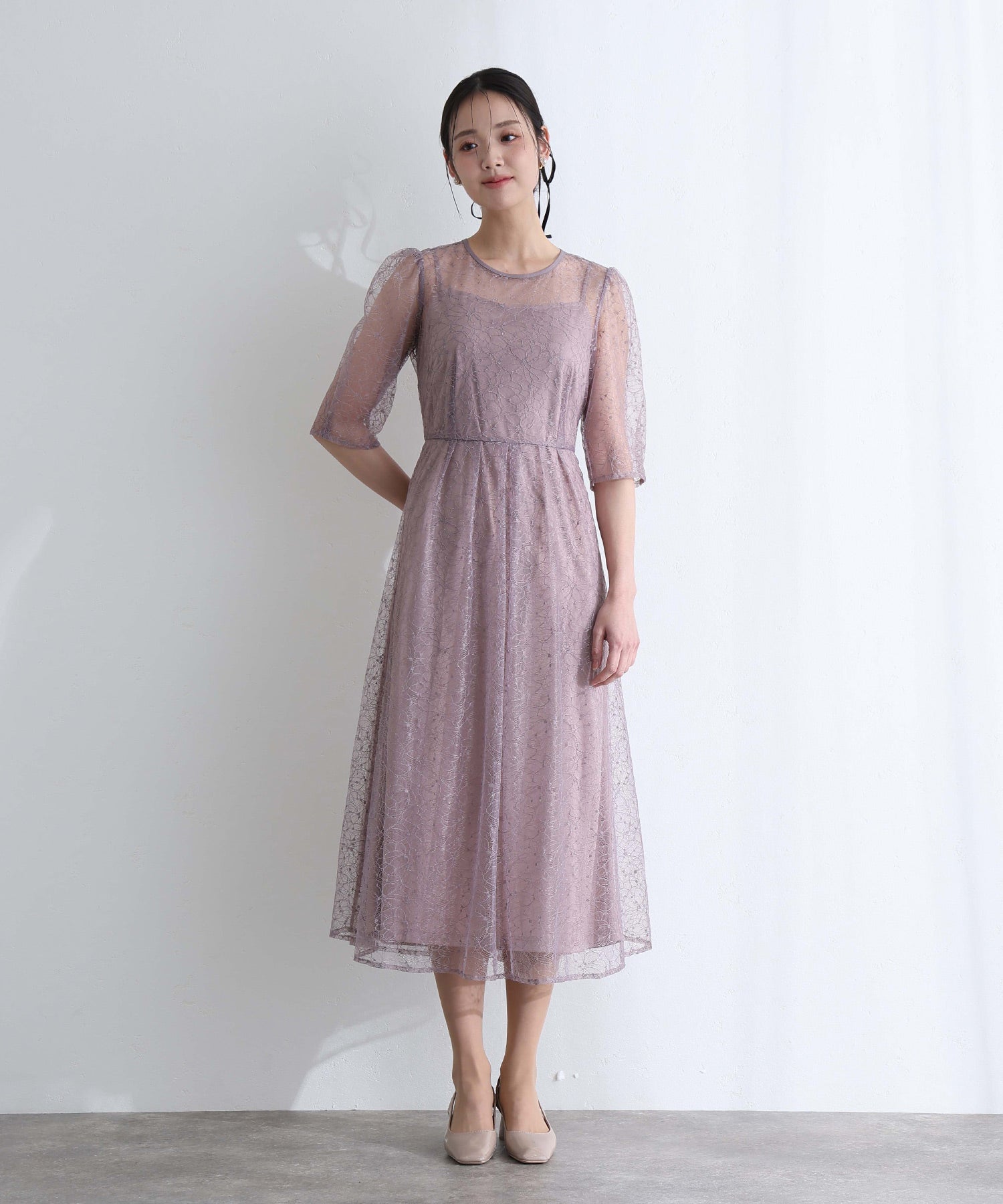 プールヴー PourVous 結婚式二次会パーティードレスラメレースバックダブルリボン2点セットAラインロング&七分袖セレモニーフォーマルオケージョンドレス同窓会成人式 フォーマル ワンピース パーティードレス （モーヴ） モーヴ
