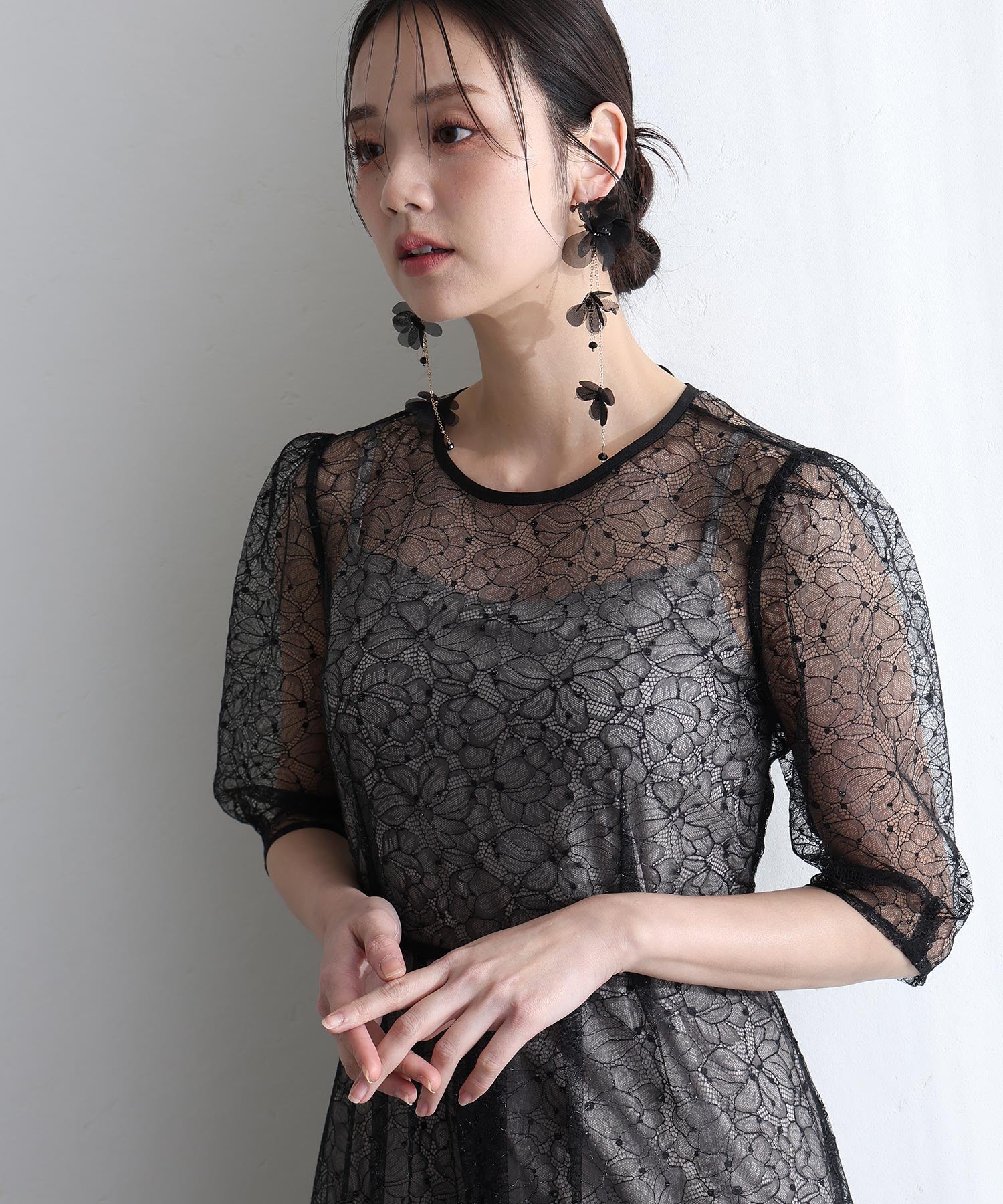 プールヴー PourVous 結婚式二次会パーティードレスラメレースバックダブルリボン2点セットAラインロング&七分袖セレモニーフォーマルオケージョンドレス同窓会成人式 フォーマル ワンピース パーティードレス （ブラック） ブラック