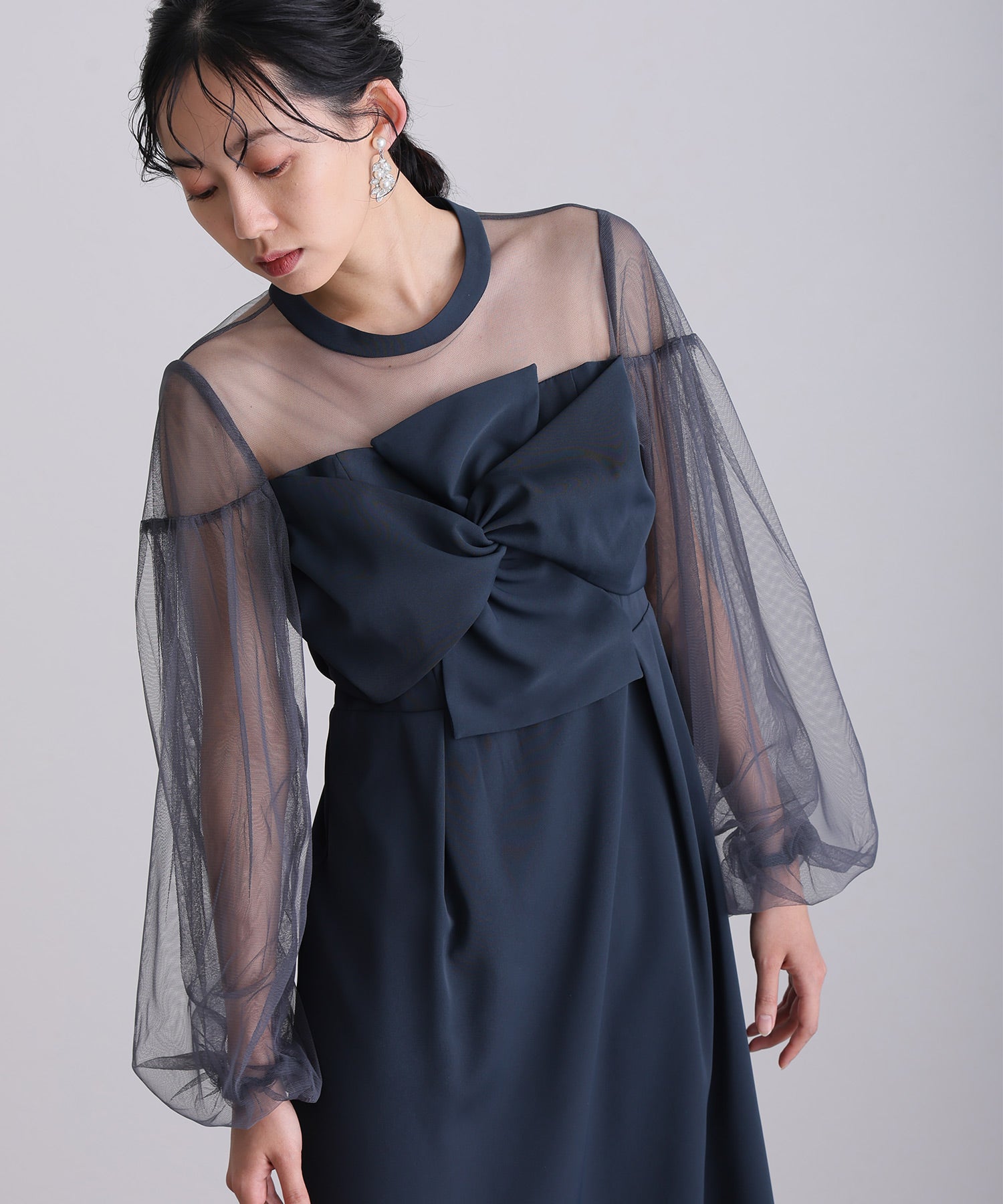 プールヴー PourVous ミモレ丈&袖ありフォーマルパフスリーブ立体リボンビスチェシアー素材セレモニー結婚式二次会パーティードレスオケージョンドレス同窓会成人式 フォーマル ワンピース パーティードレス （アッシュネイビー） アッシュネイビー