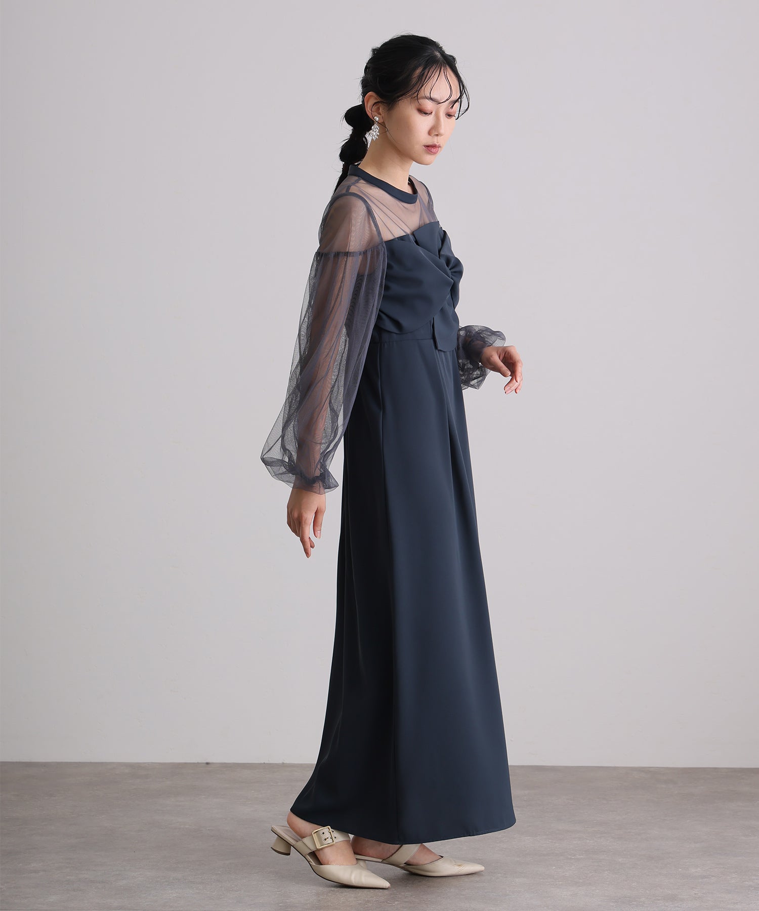 プールヴー PourVous ミモレ丈&袖ありフォーマルパフスリーブ立体リボンビスチェシアー素材セレモニー結婚式二次会パーティードレスオケージョンドレス同窓会成人式 フォーマル ワンピース パーティードレス （アッシュネイビー） アッシュネイビー