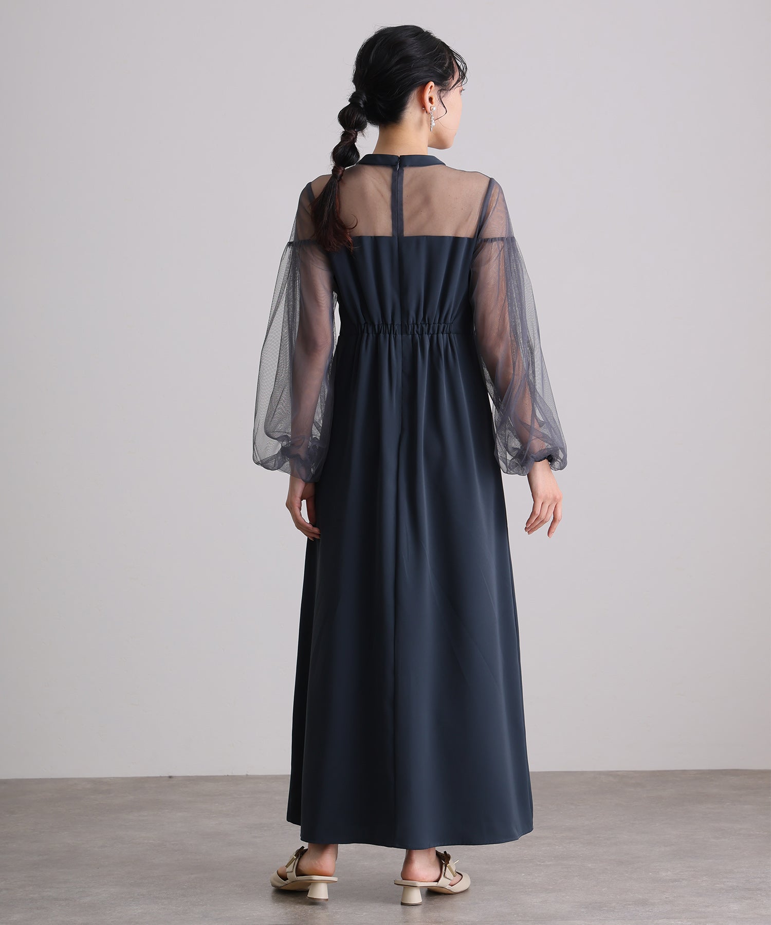 プールヴー PourVous ミモレ丈&袖ありフォーマルパフスリーブ立体リボンビスチェシアー素材セレモニー結婚式二次会パーティードレスオケージョンドレス同窓会成人式 フォーマル ワンピース パーティードレス （アッシュネイビー） アッシュネイビー