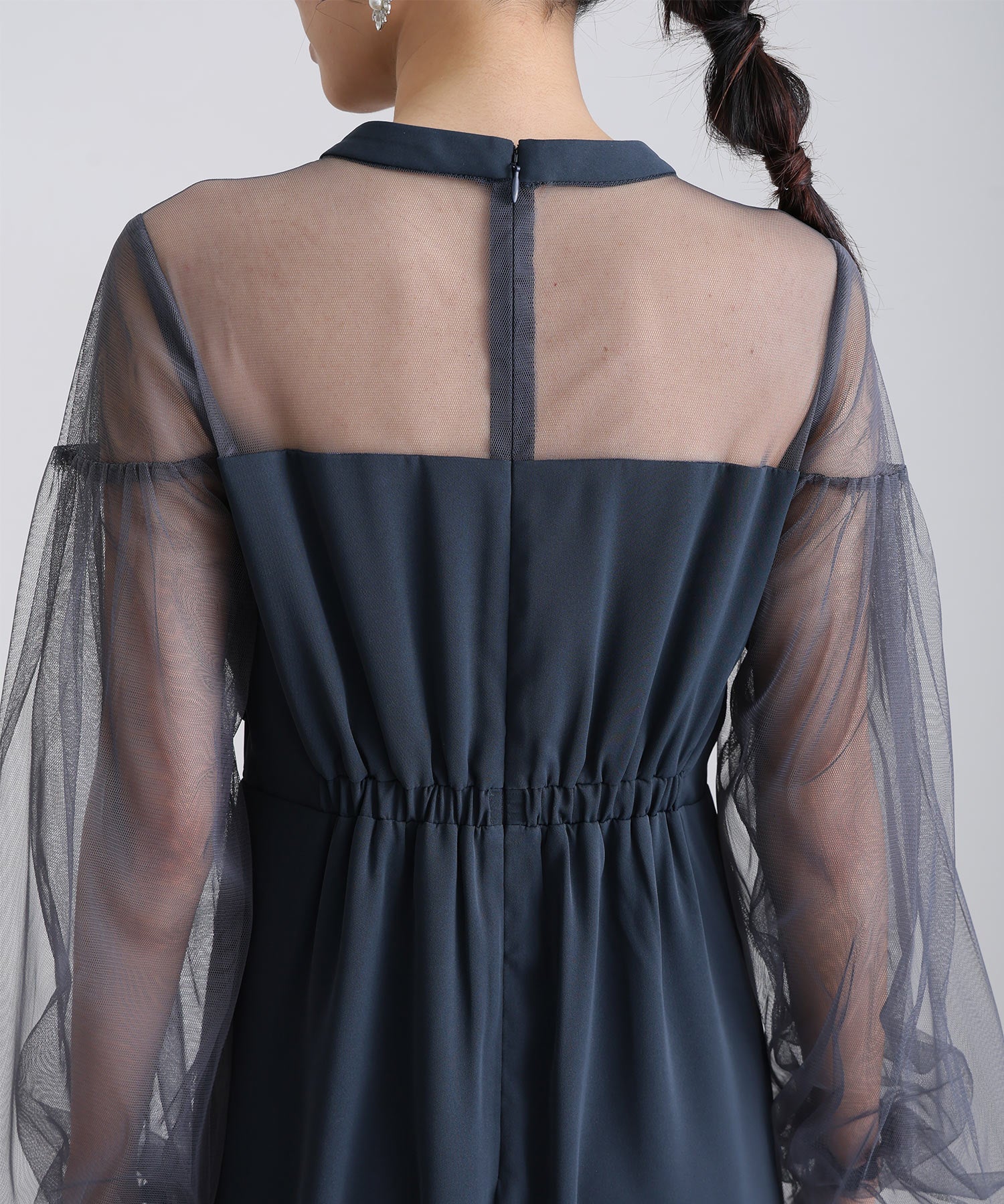 プールヴー PourVous ミモレ丈&袖ありフォーマルパフスリーブ立体リボンビスチェシアー素材セレモニー結婚式二次会パーティードレスオケージョンドレス同窓会成人式 フォーマル ワンピース パーティードレス （アッシュネイビー） アッシュネイビー