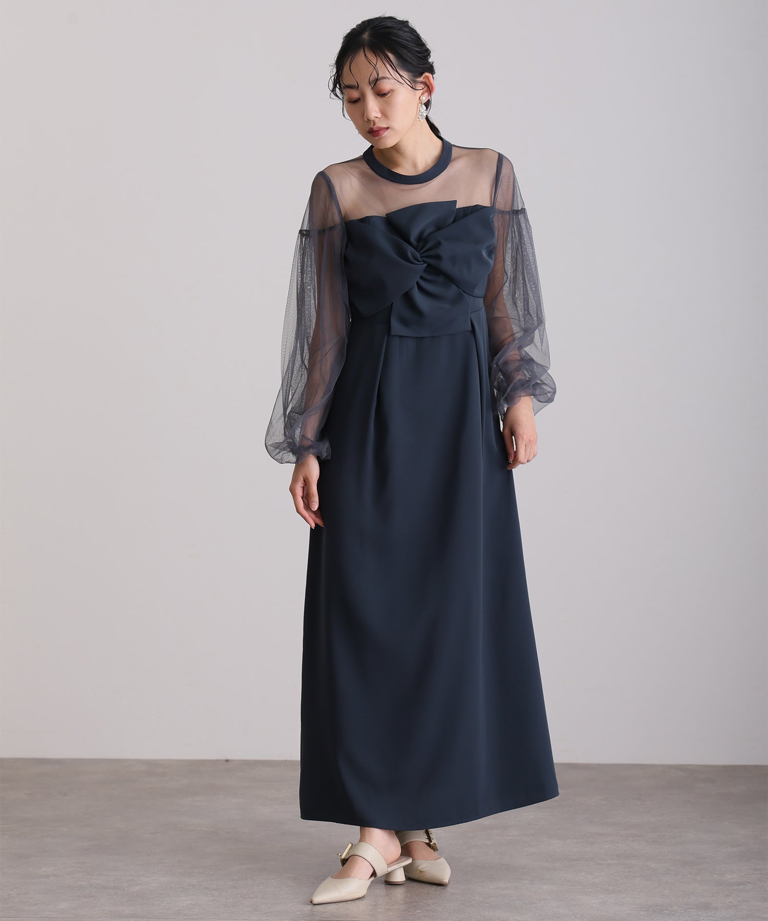 プールヴー PourVous ミモレ丈&袖ありフォーマルパフスリーブ立体リボンビスチェシアー素材セレモニー結婚式二次会パーティードレスオケージョンドレス同窓会成人式 フォーマル ワンピース パーティードレス （アッシュネイビー） アッシュネイビー