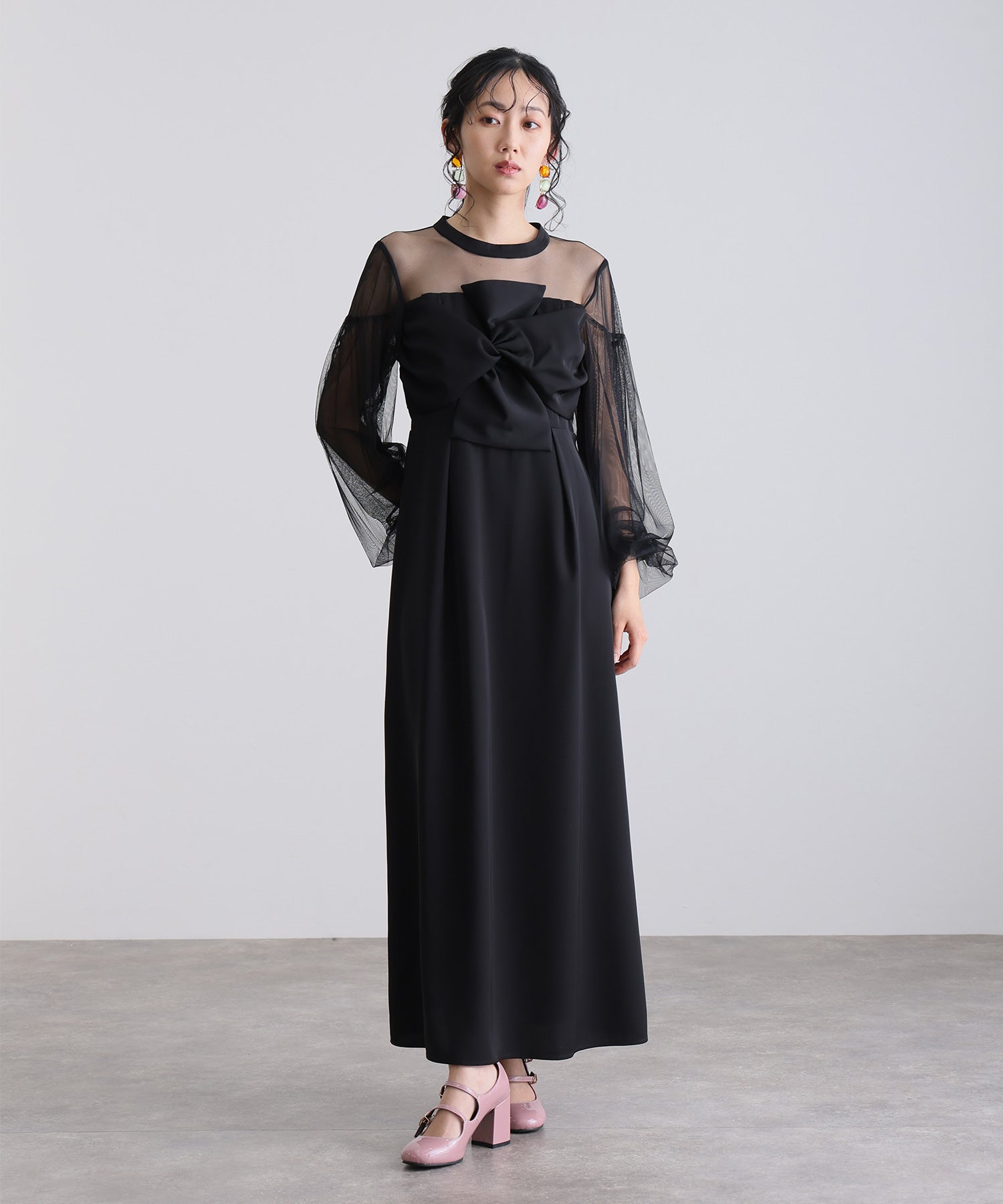 プールヴー PourVous ミモレ丈&袖ありフォーマルパフスリーブ立体リボンビスチェシアー素材セレモニー結婚式二次会パーティードレスオケージョンドレス同窓会成人式 フォーマル ワンピース パーティードレス （ブラック） ブラック