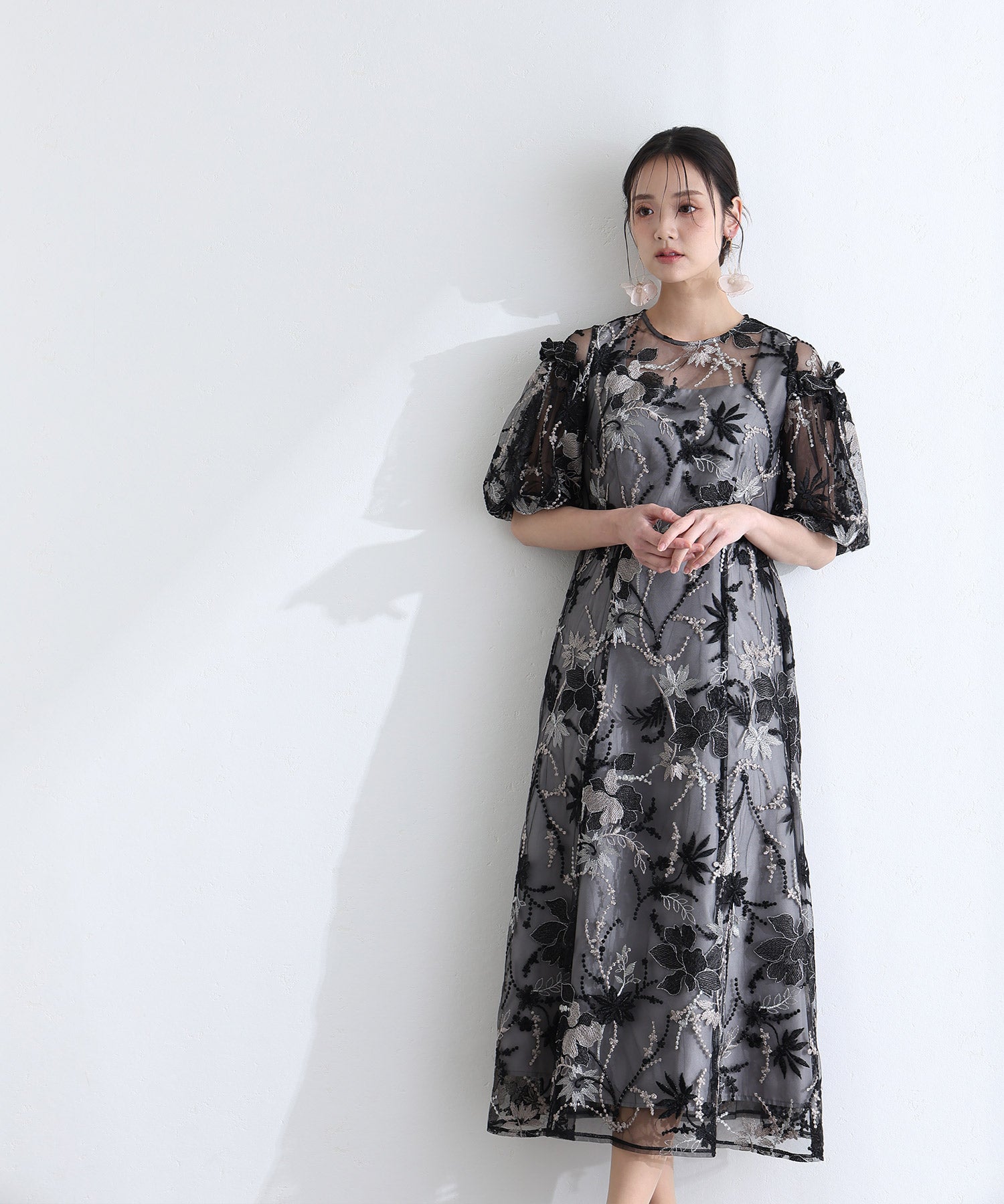 プールヴー PourVous 結婚式二次会パーティードレスパフスリーブエンブロイダリーロングフレア袖あり&ロング大きいサイズ同窓会成人式オケージョンドレスフォーマル フォーマル ワンピース パーティードレス （ブラック） ブラック